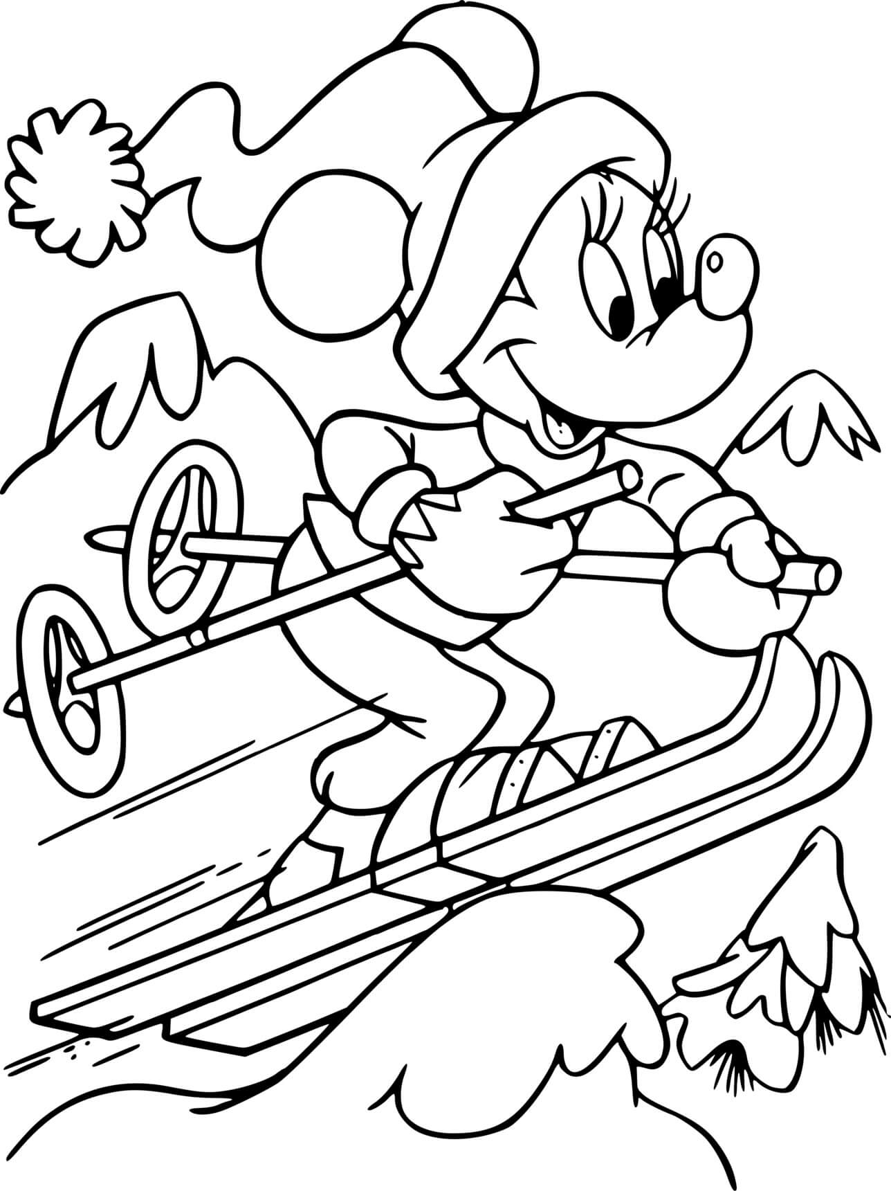 Coloriage Minnie Mouse Prêt A Sauter Ski Alpin Sport Hiver - Ski à imprimer