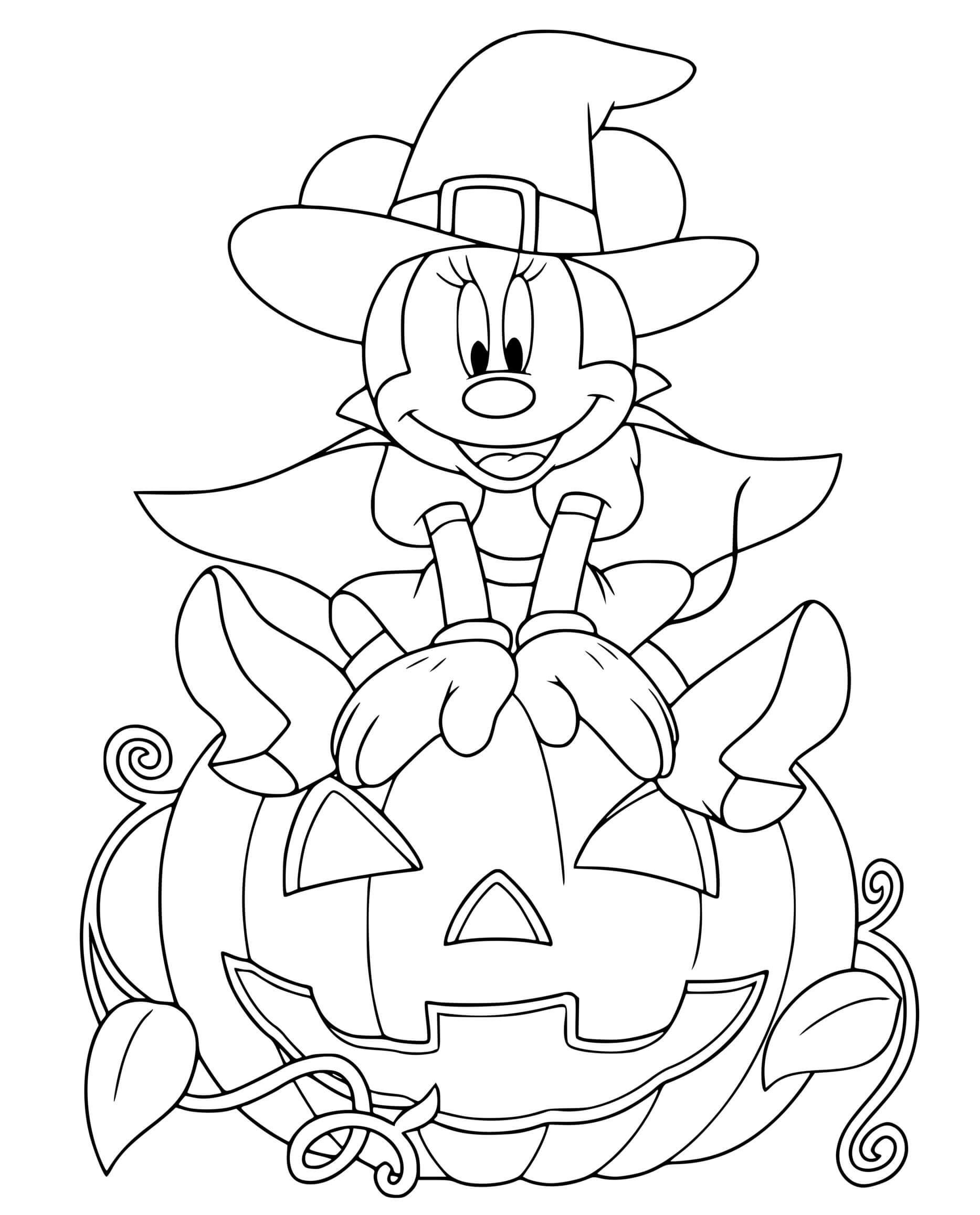 Coloriage Minnie Mouse Sorcière Sur Une Citrouille - Halloween disney à imprimer