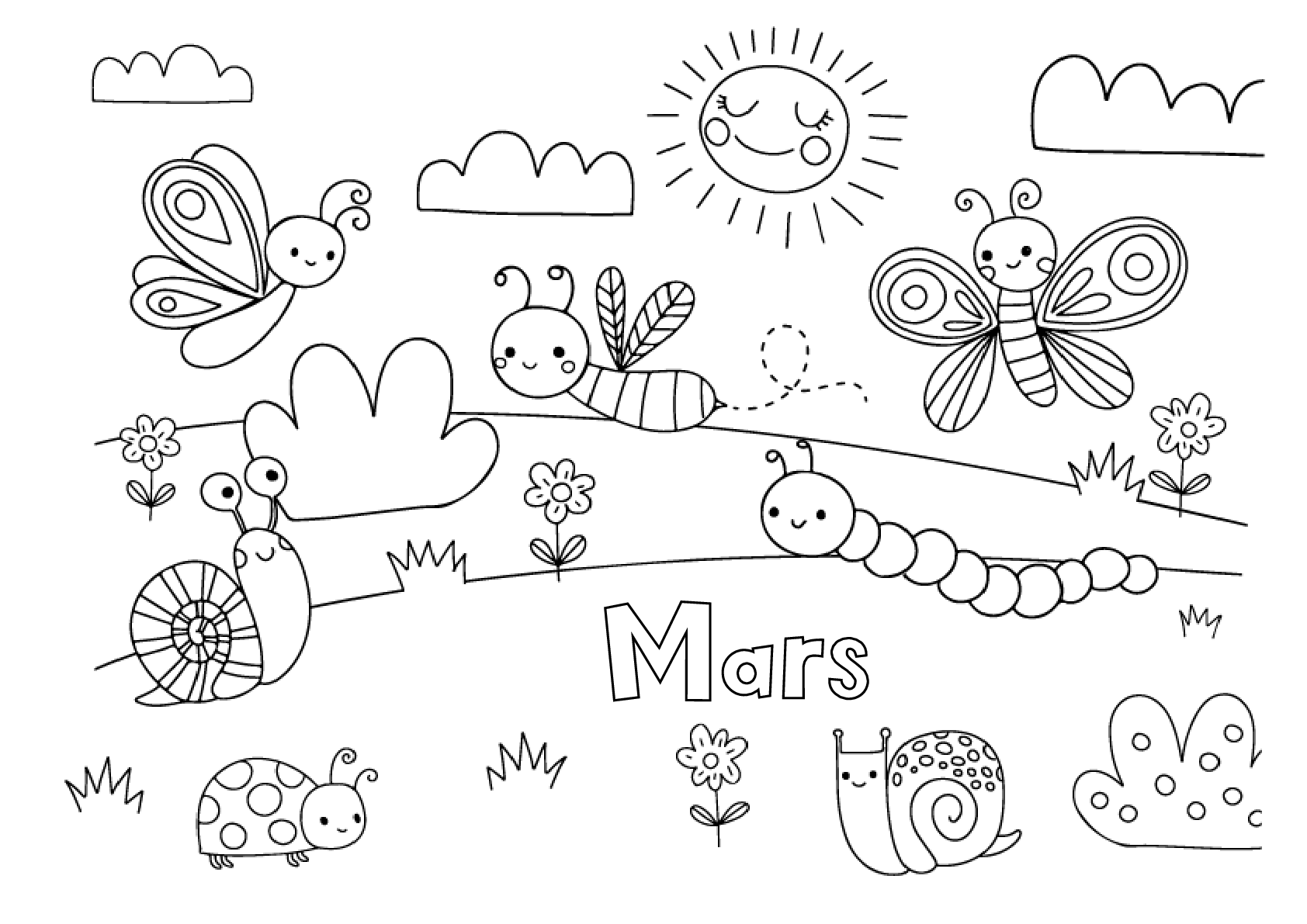 Coloriage Mois De Mars Maternelle Printemps Monde Insecte - Mars à imprimer