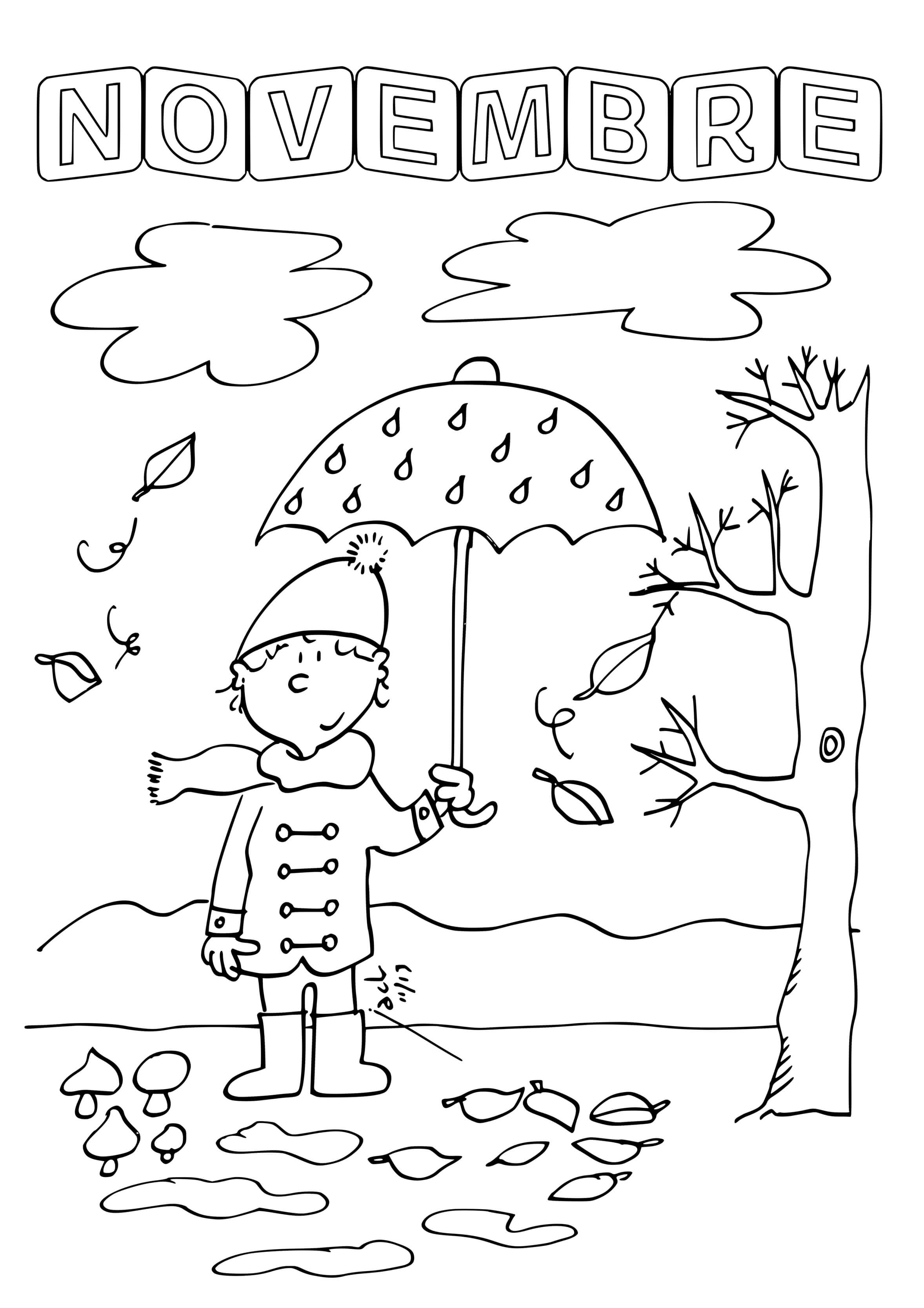 Coloriage Mois De Novembre Automne Feuilles Pluie - Novembre à imprimer