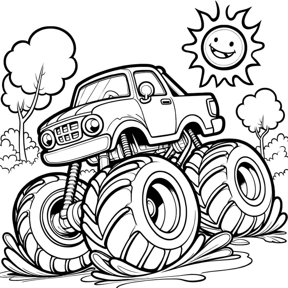 Coloriage Monstertruck Baeume Sonne Malvorlage Kinder Kostenlos - Monster truck à imprimer