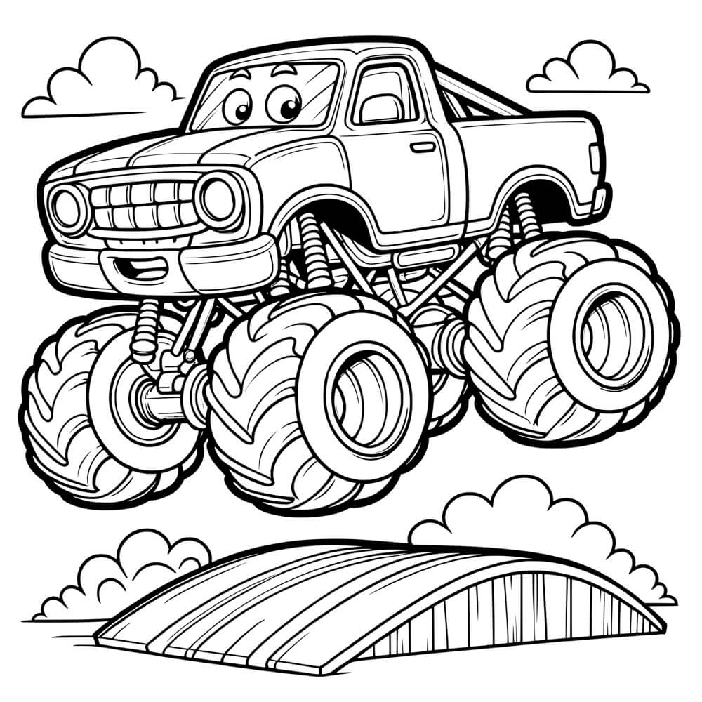 Coloriage Monstertruck Springt Ueber Rampe Kostenlose Malvorlage - Monster truck à imprimer