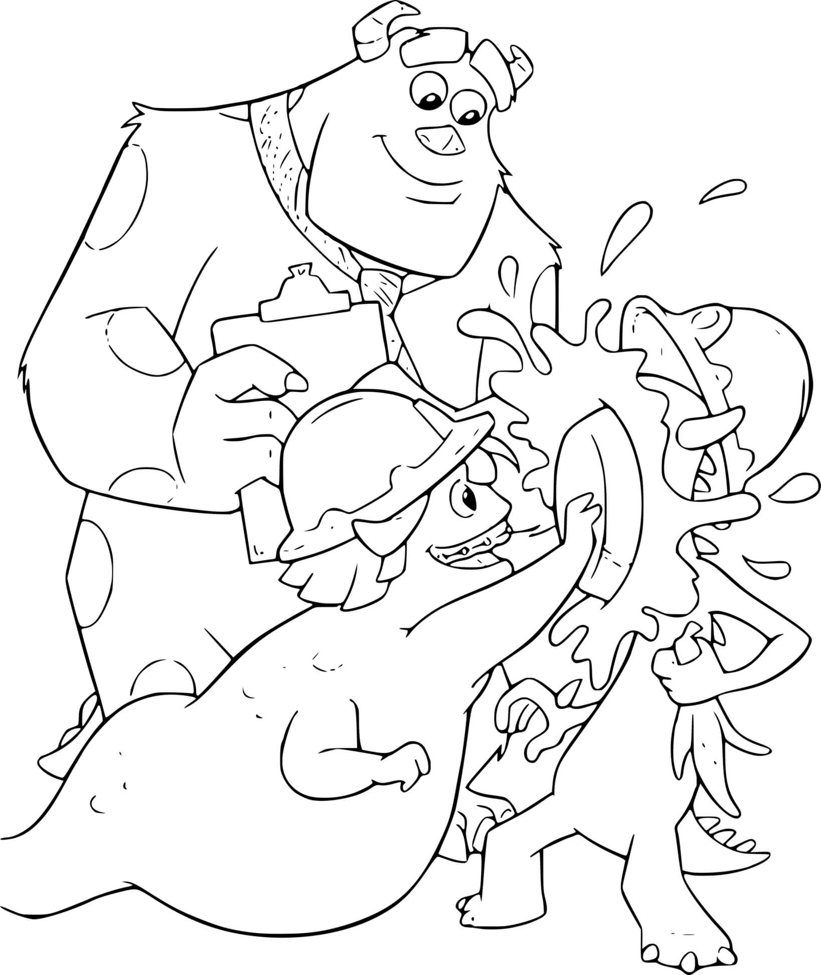 Coloriage Monstre Et Cie Lance Une Tarte Sur Un Monstre - Monstres et Cie à imprimer