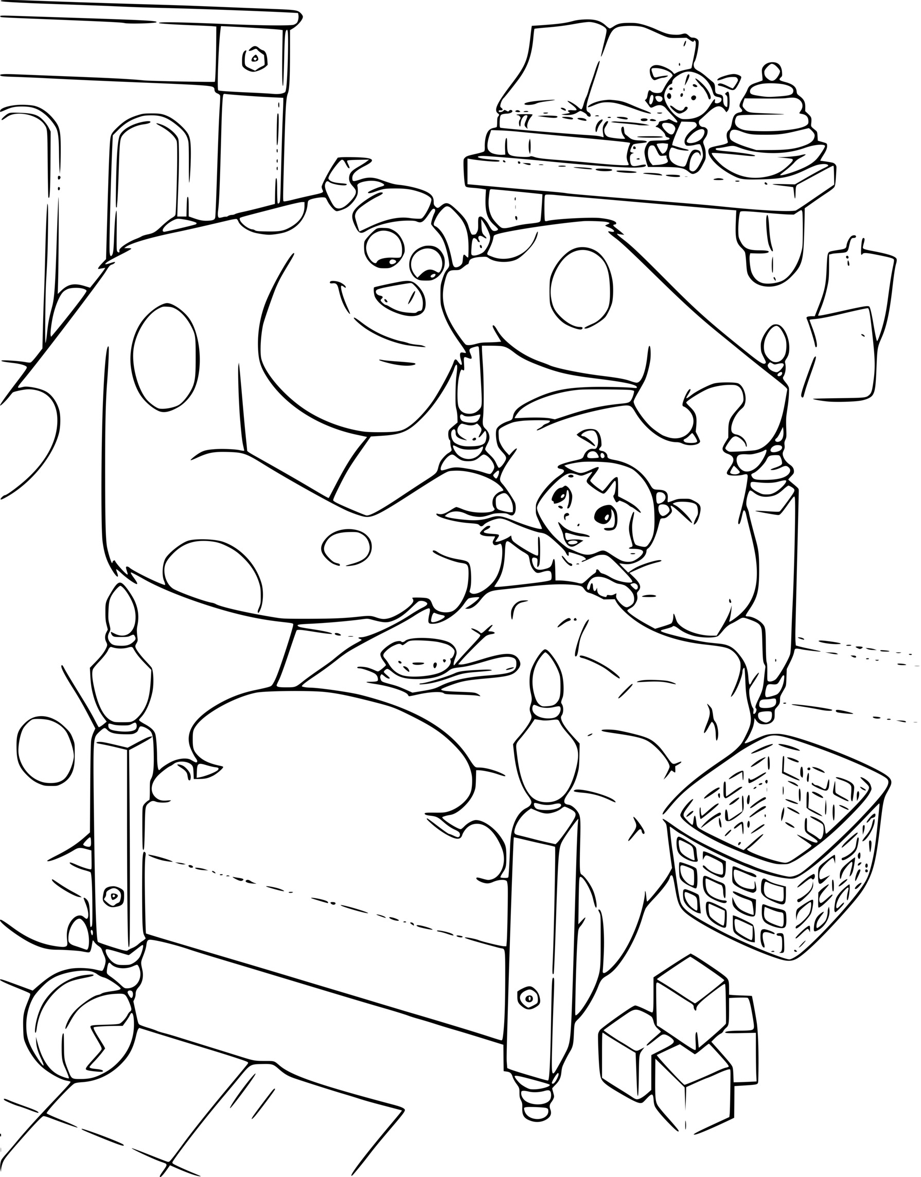 Coloriage Monstre Jacques Sullivan Fait Dormir La Petite - Monstres et Cie à imprimer
