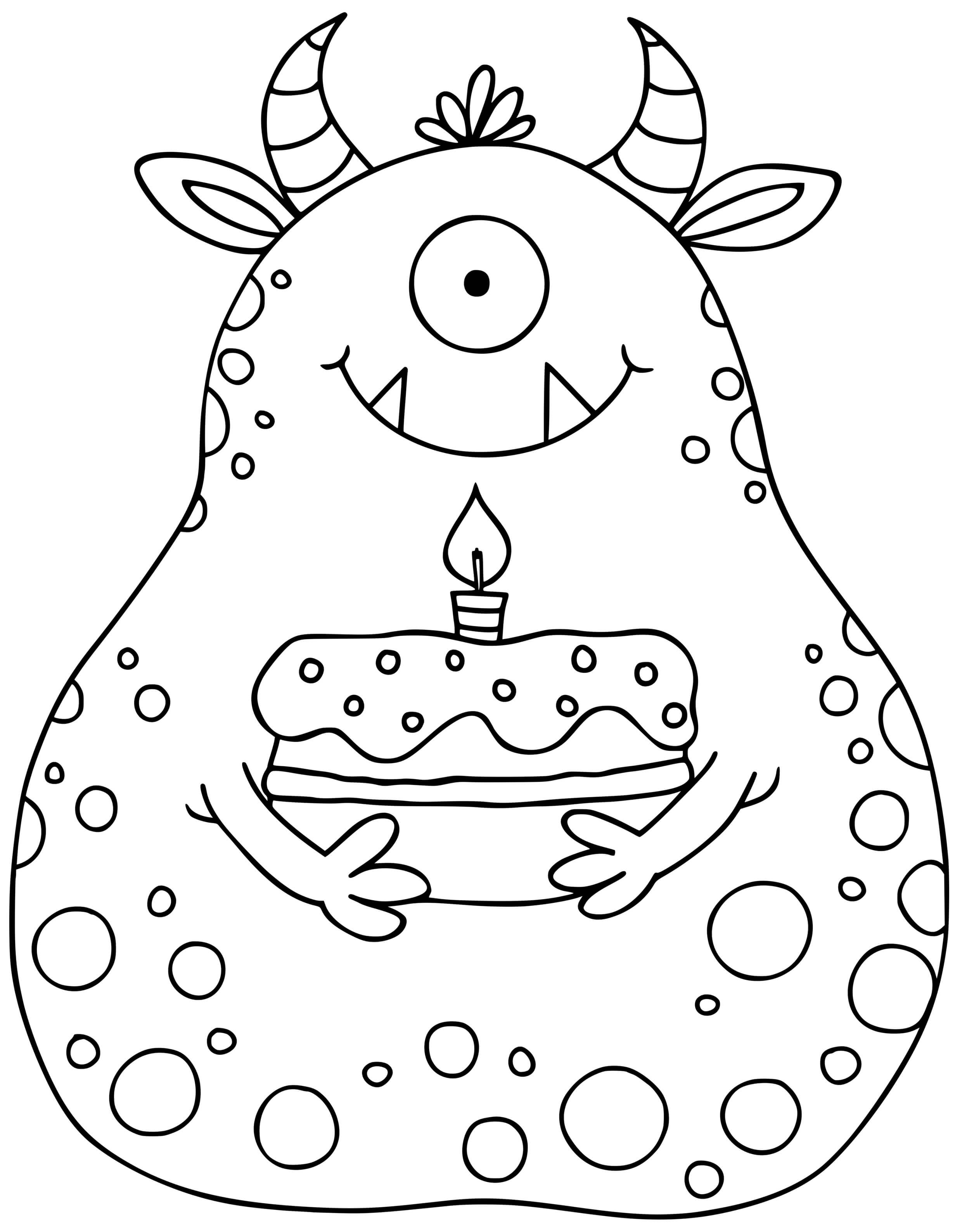 Coloriage Monstre Rigolo Avec Son Gâteau Anniversaire - Monstre à imprimer
