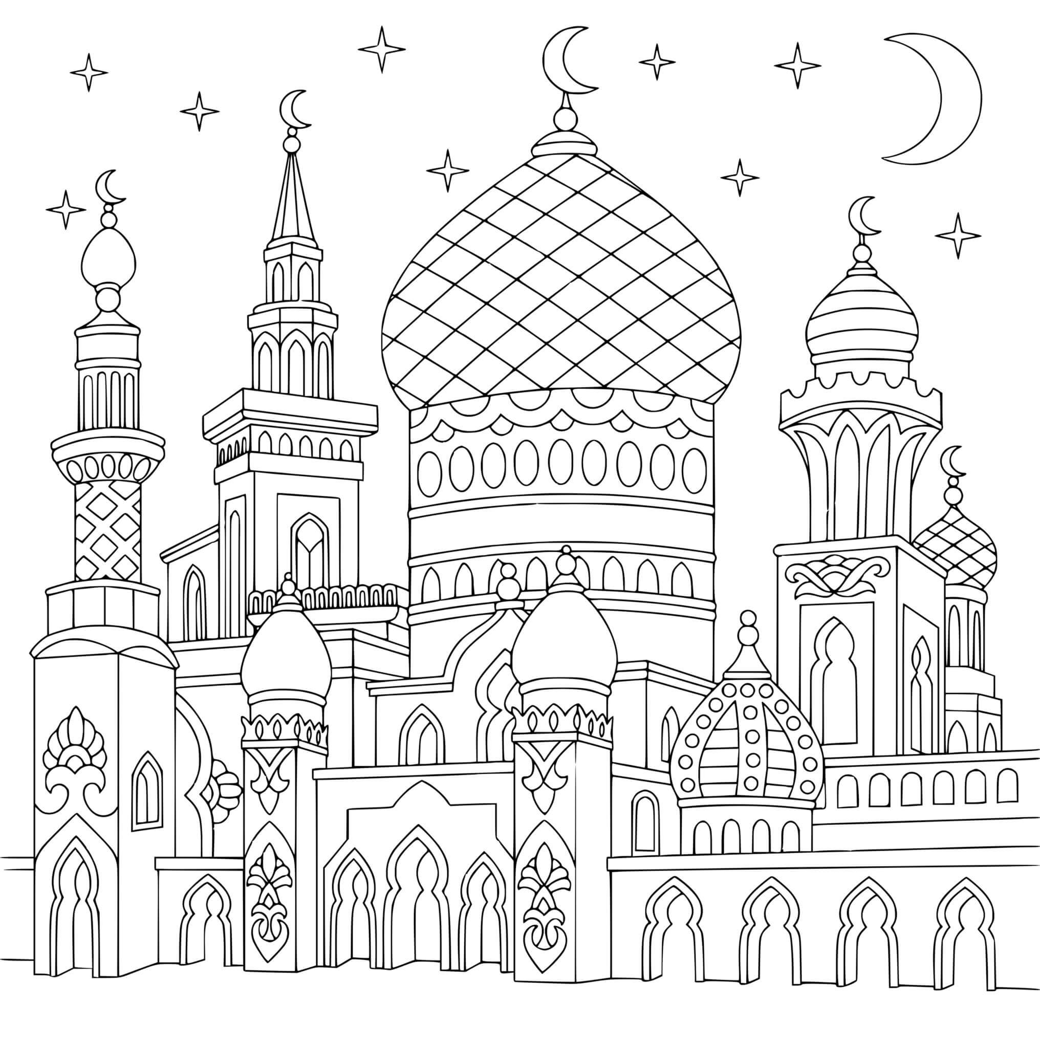 Coloriage Mosquee Turque Des Lunes En Croissant Des Étoiles Scintillantes - Ramadan à imprimer