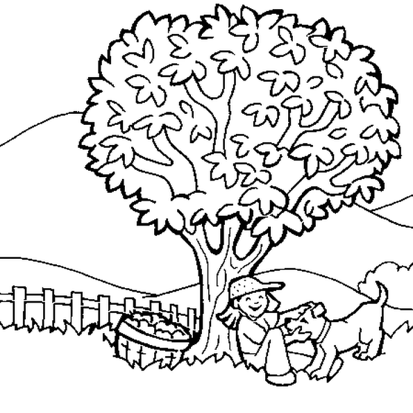 Coloriage Nature Arbre De Pommes Avec Chien - Nature à imprimer