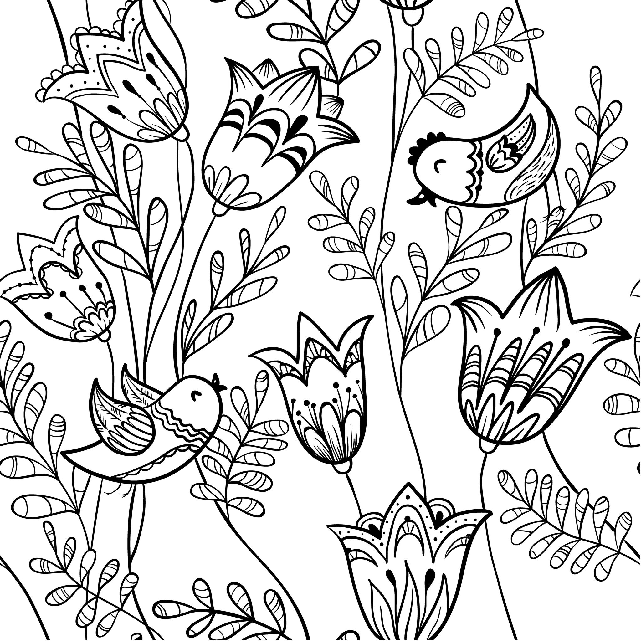 Coloriage Nature Fleurs Oiseaux Adulte - Nature à imprimer