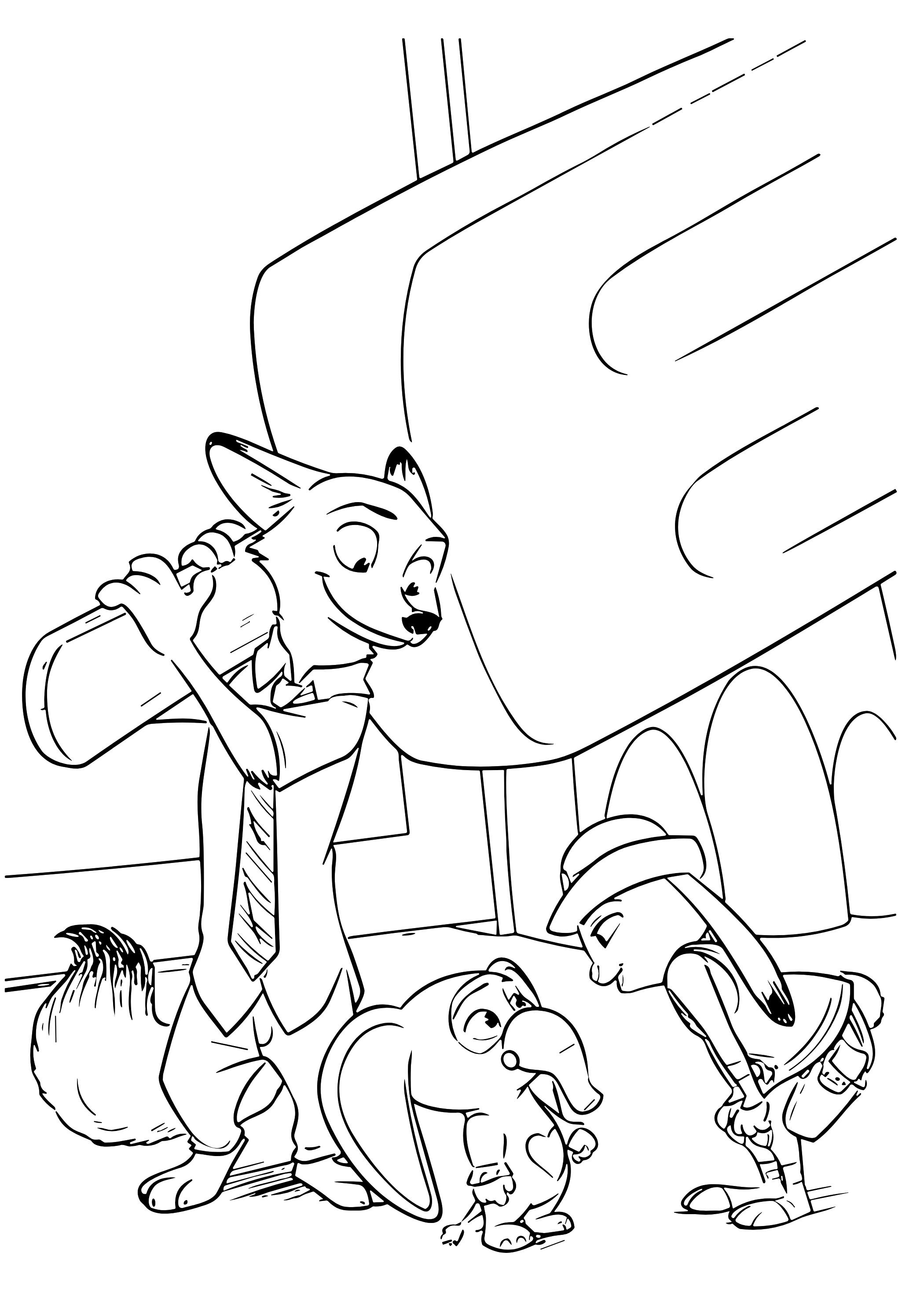 Coloriage Nick Wilde Avec Un Sac Et Judy Hopps Discutant Avec Un Éléphant A Zootopie - Zootopie à imprimer