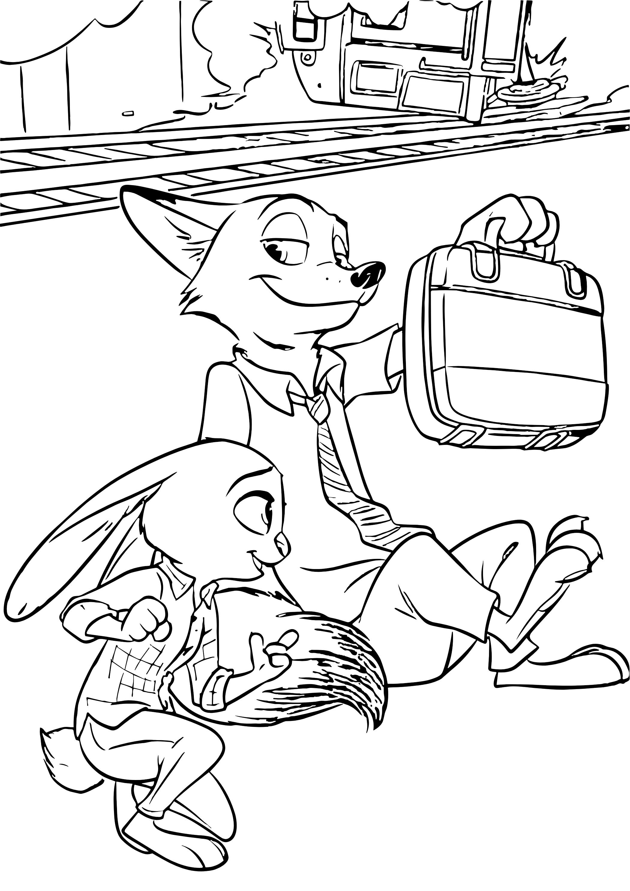 Coloriage Nick Wilde Et Judy Hopps A La Gare - Zootopie à imprimer