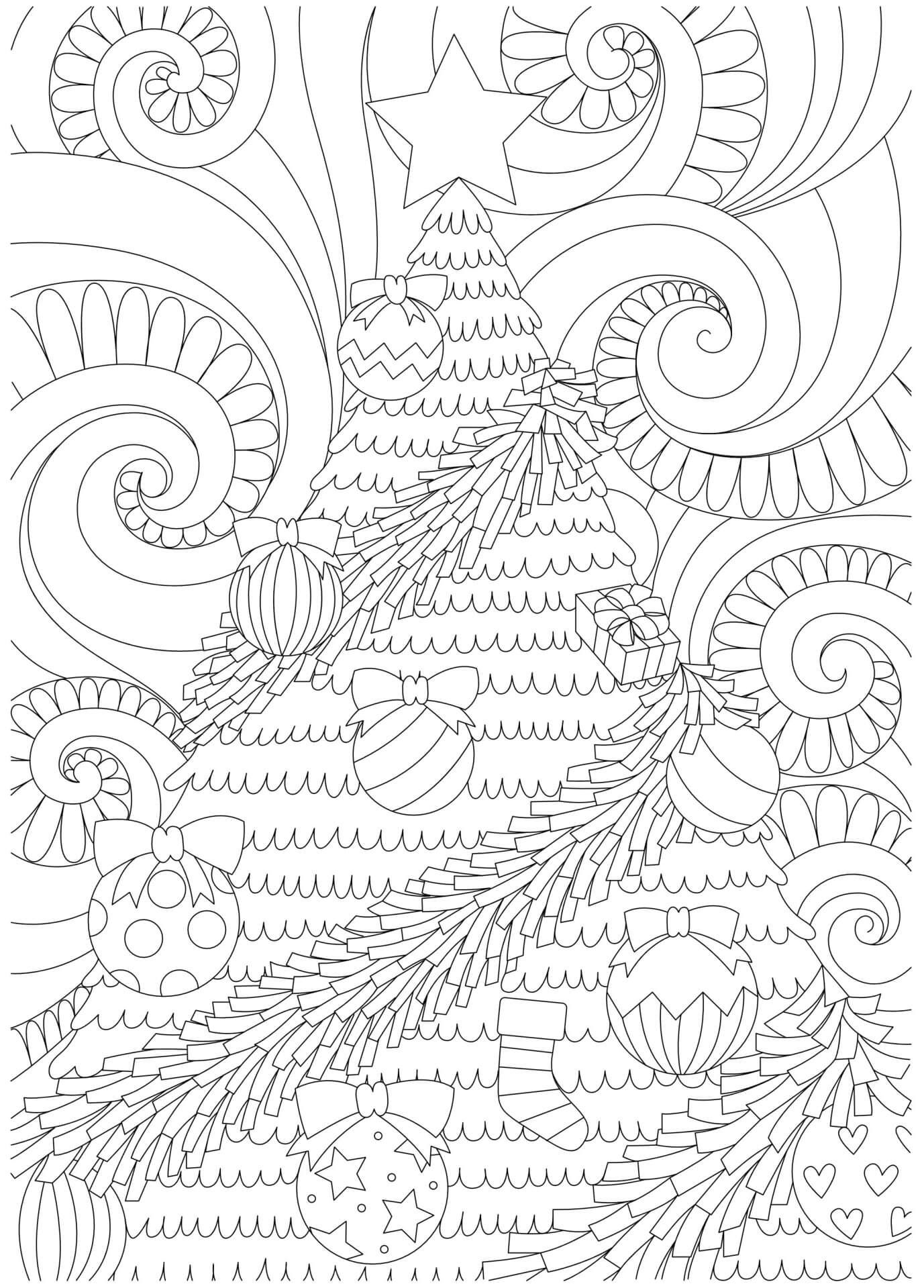 Coloriage Noël Mandala Fond De Sapin Et Vagues - Noël adulte à imprimer