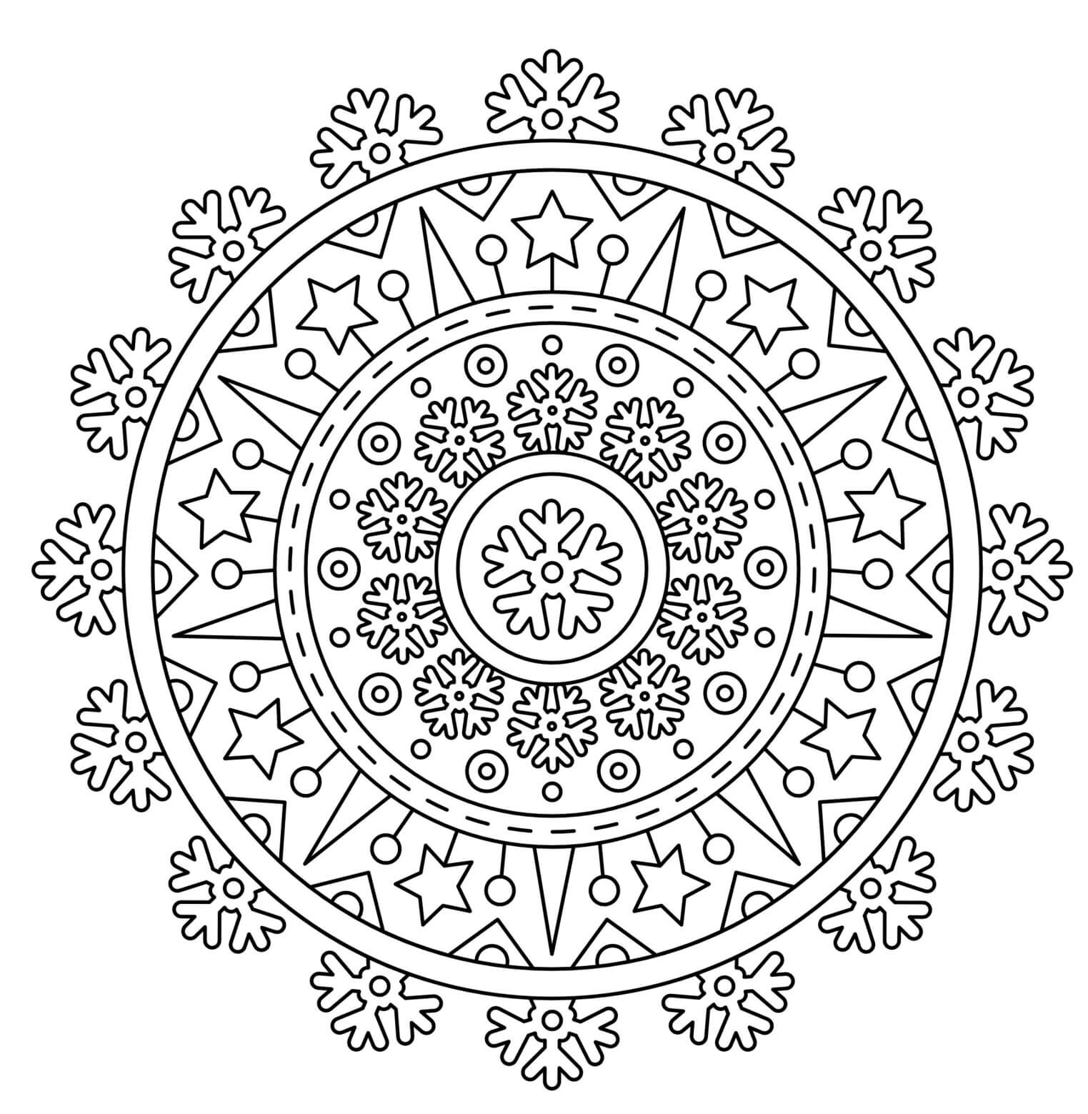 Coloriage Noël Mandala Mandala Étoiles Flocons De Neiges - Noël adulte à imprimer