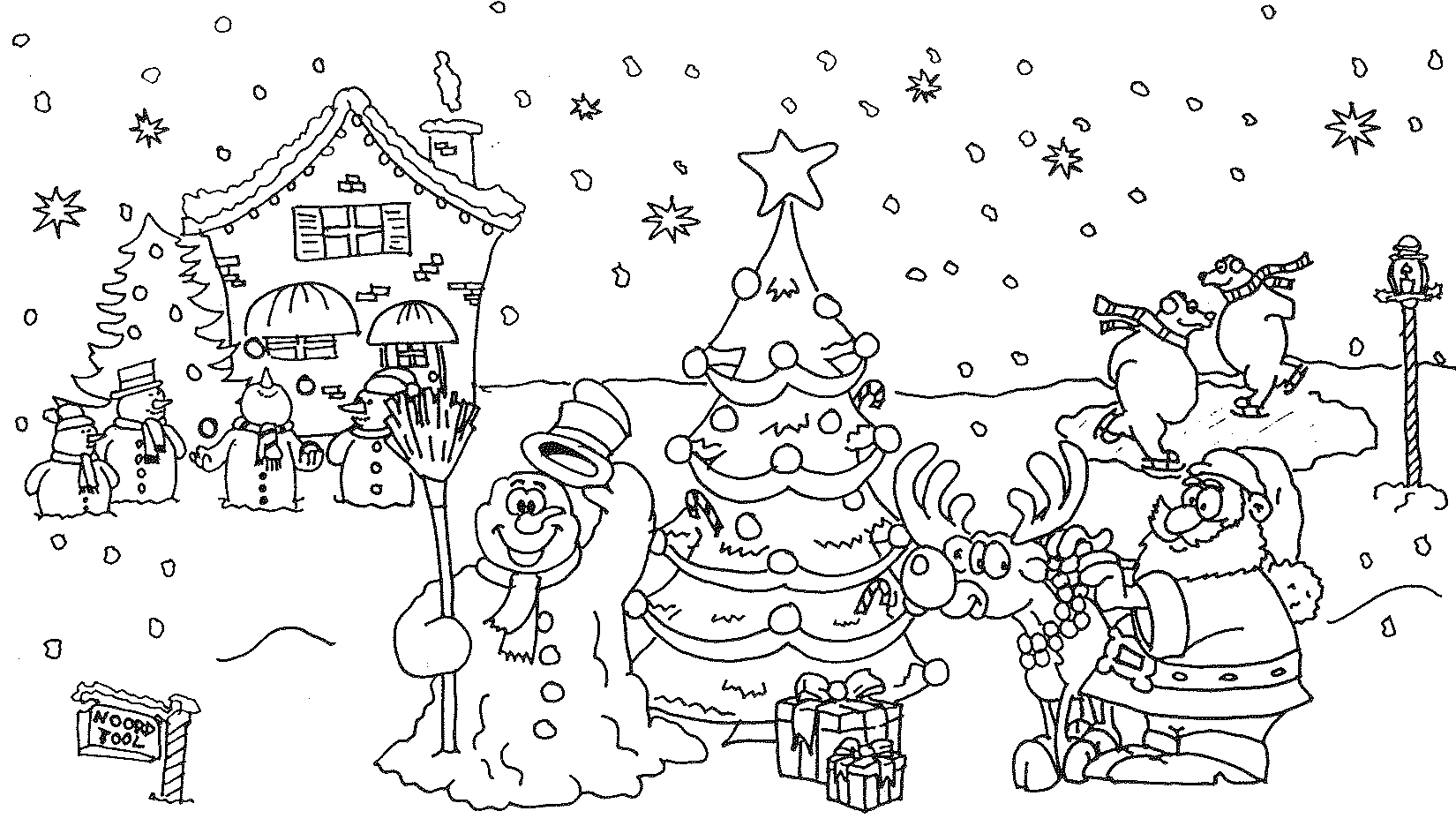 Coloriage Noël Paysage Bonhomme De Neige Sapin Maison Reine - Noël à imprimer
