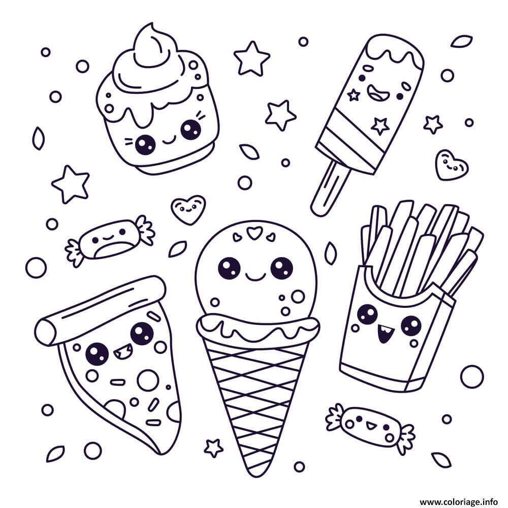 Coloriage Nourriture Kawaii Pizza Frites Cornet Glace Café - Kawaii nourriture à imprimer