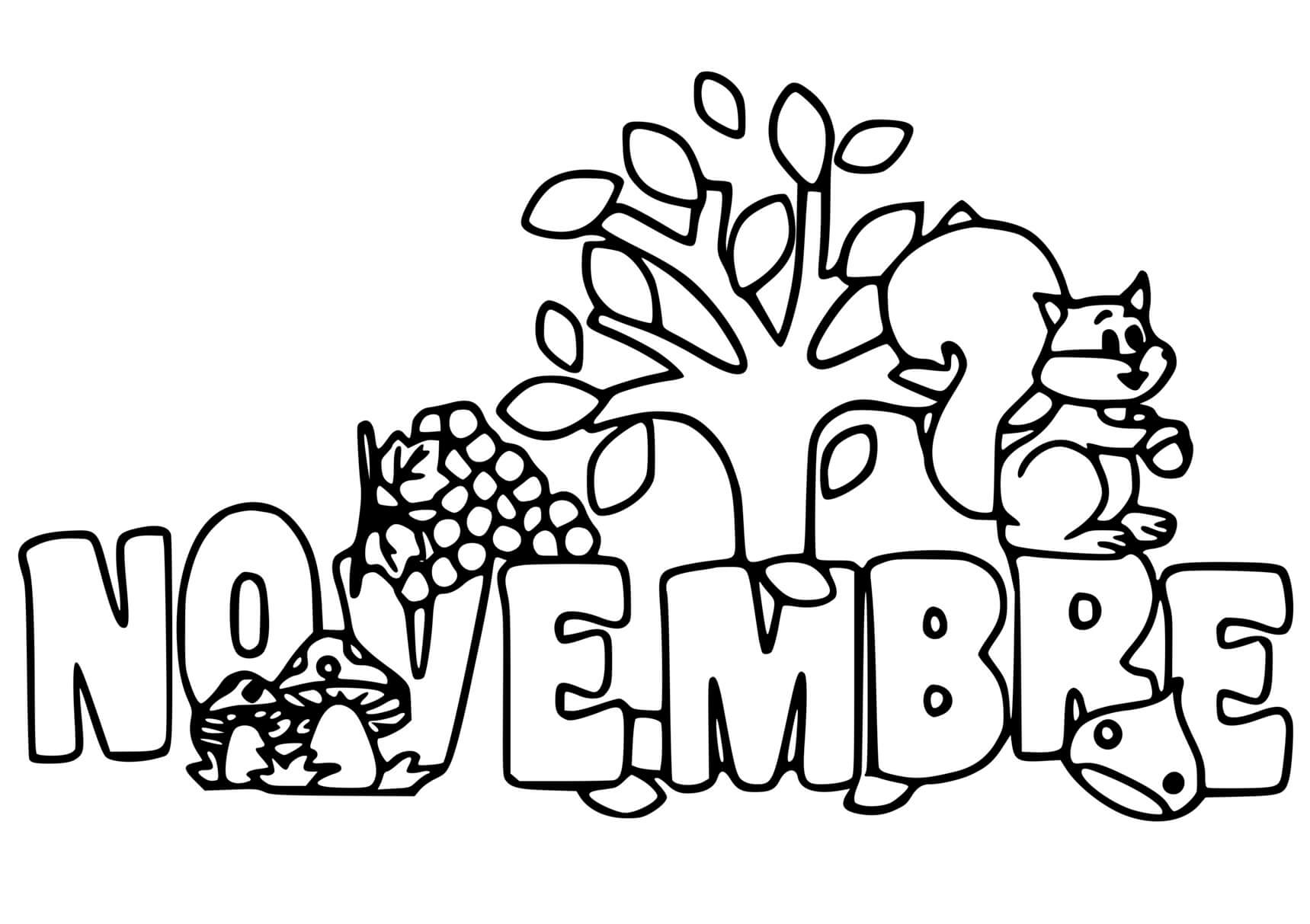 Coloriage Novembre Champignon Écureuil - Novembre à imprimer