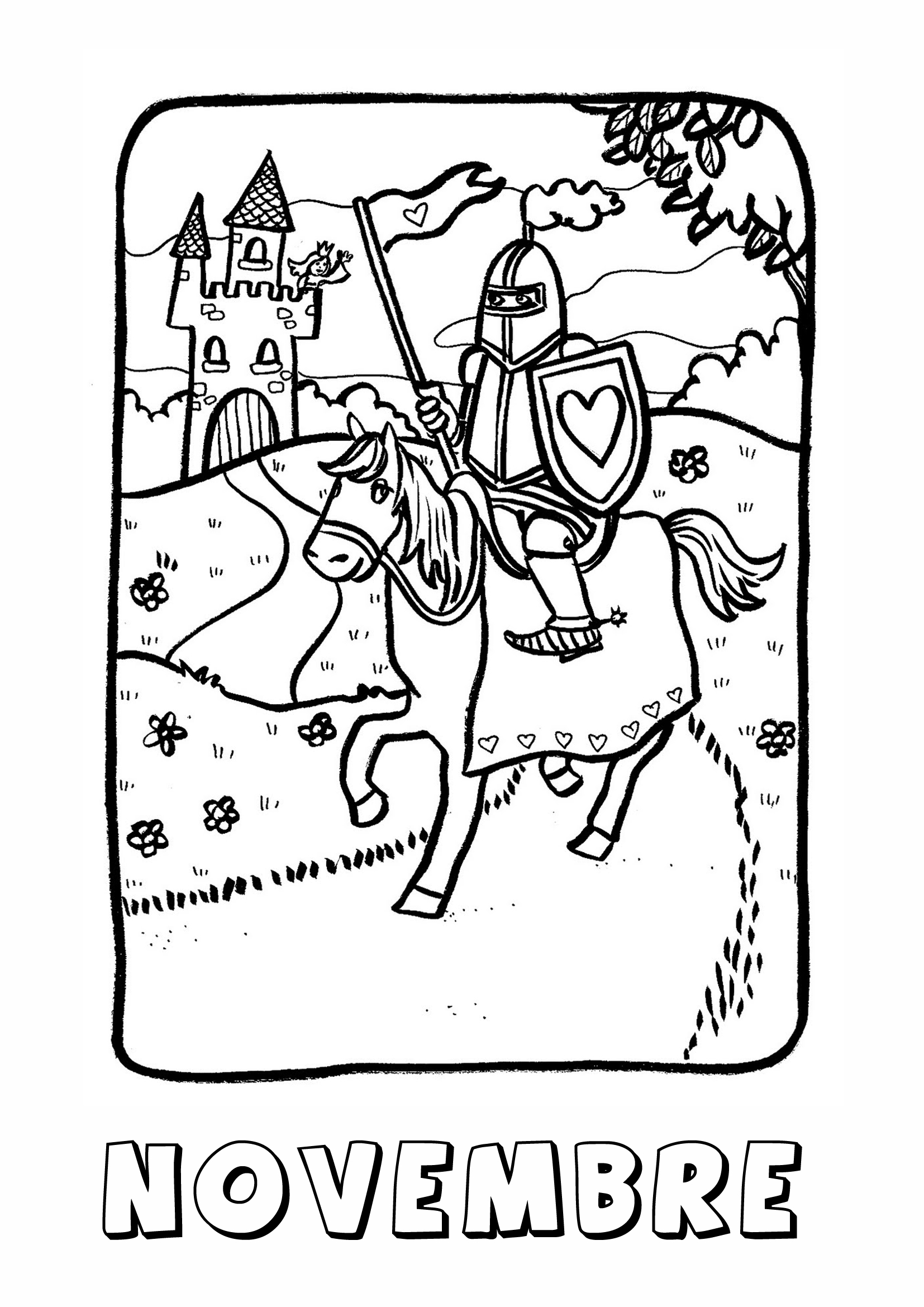Coloriage Novembre Chevalier Château - Novembre à imprimer