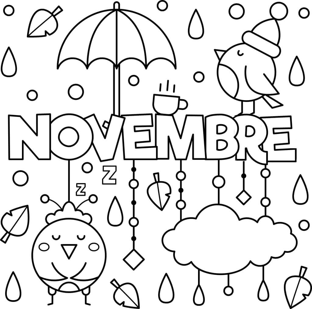 Coloriage Novembre Oiseau Pluie Parapluies - Novembre à imprimer