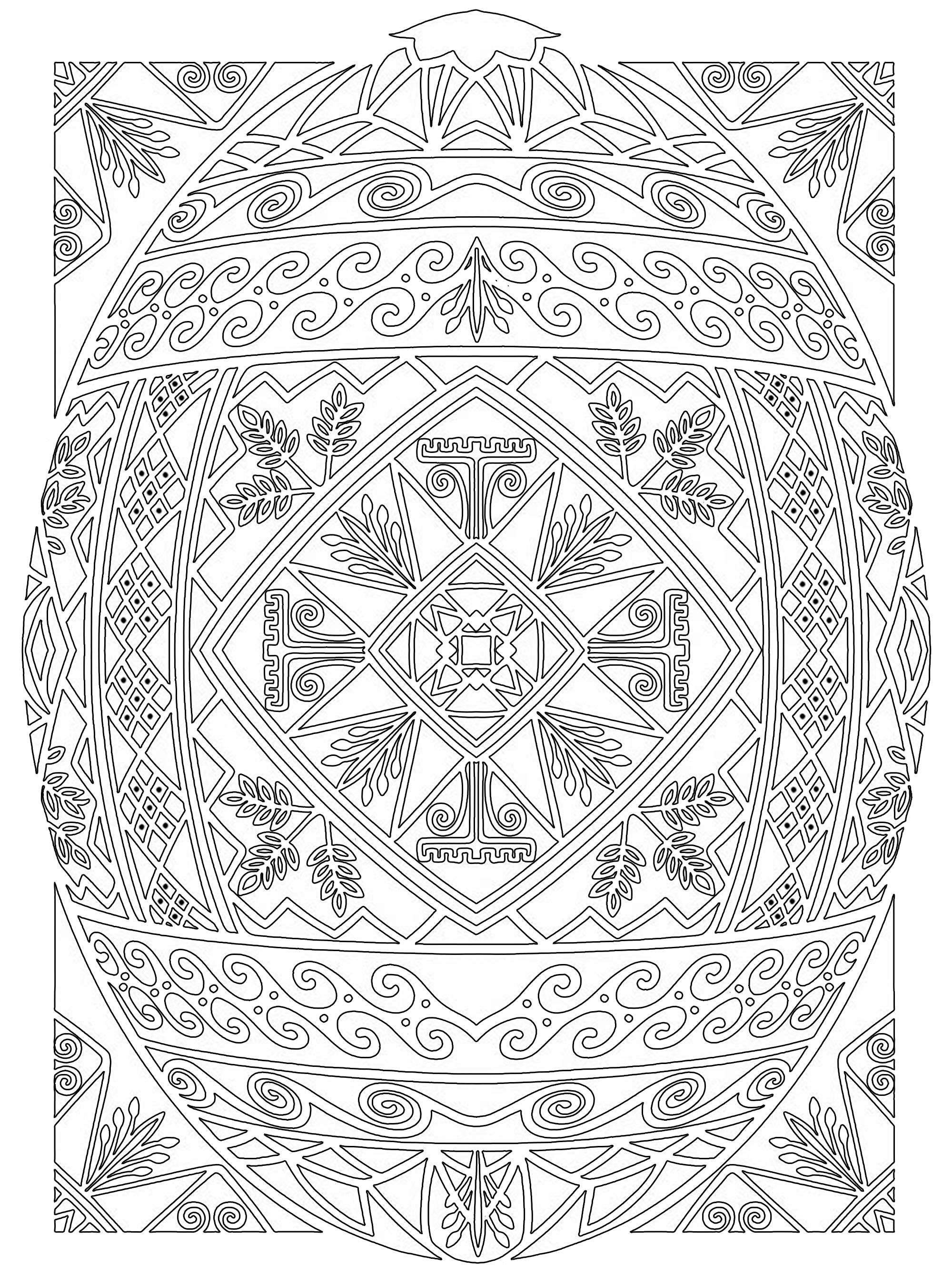 Coloriage Œuf pascal avec cadre floral élaboré - Pâques adulte à imprimer