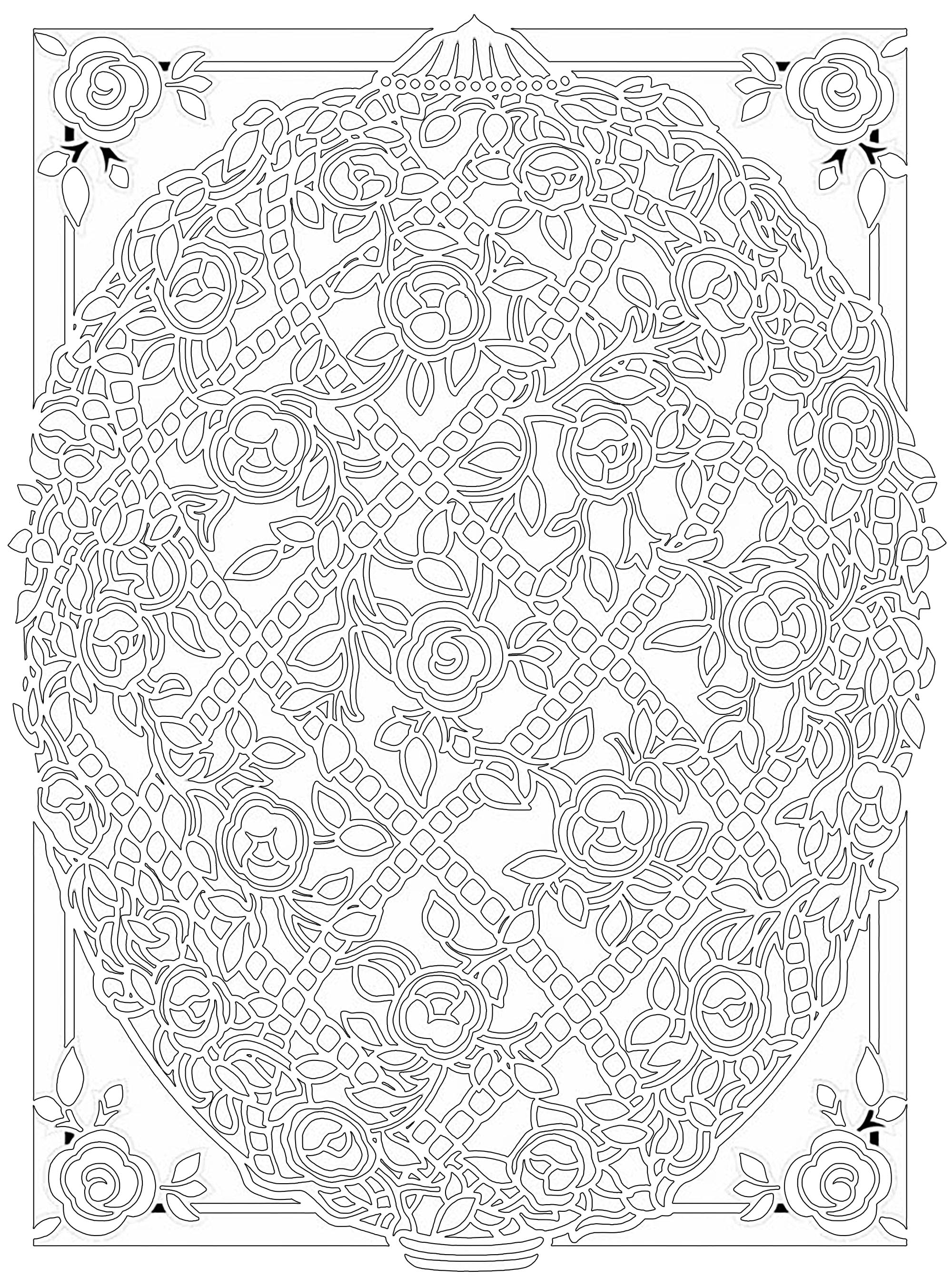 Coloriage Œuf pascal décorée avec encadrement élaboré - Pâques adulte à imprimer