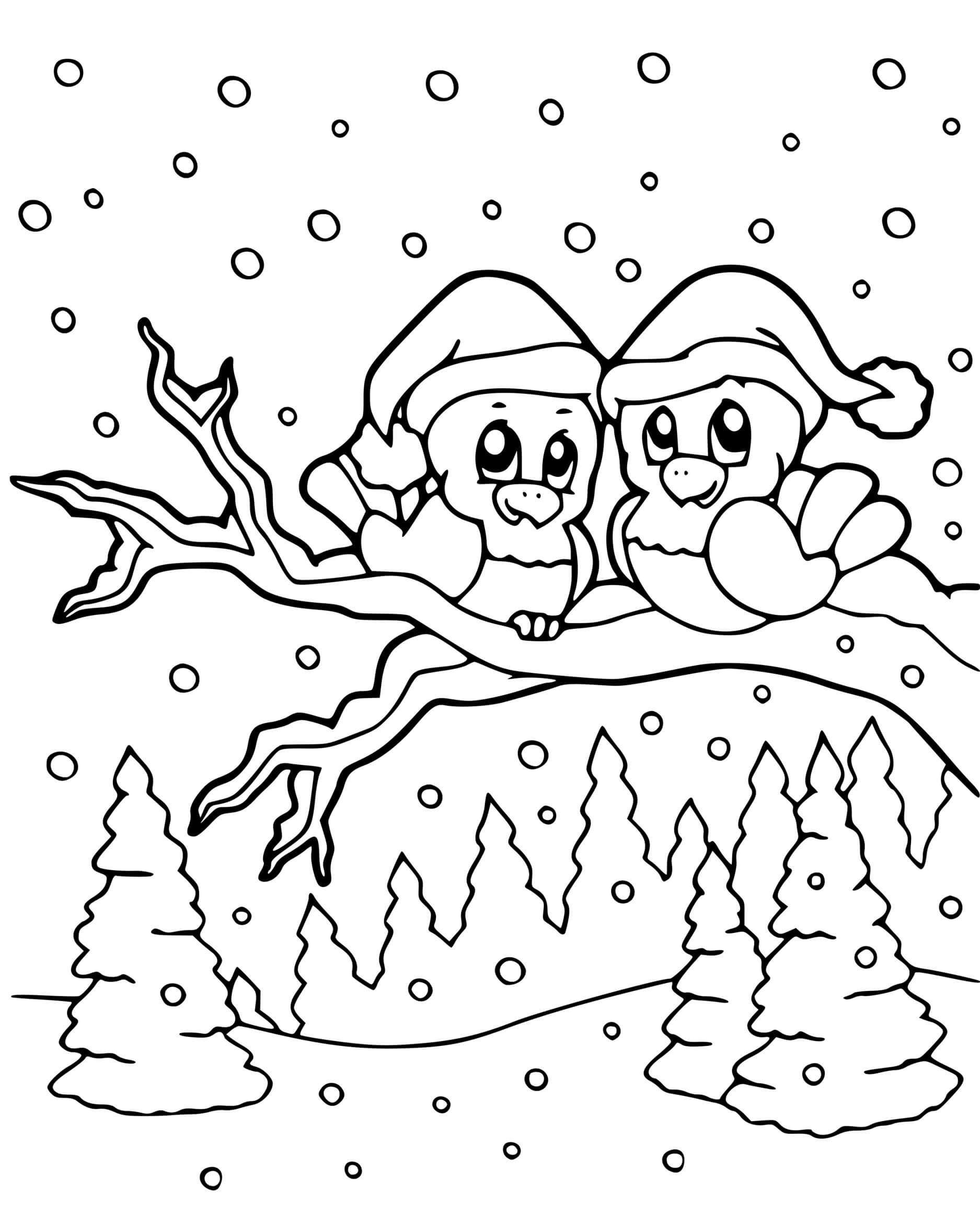 Coloriage Oiseaux Chapeau Du Père Noël Sur Un Arbre Hiver Neige Sapins - Hiver à imprimer