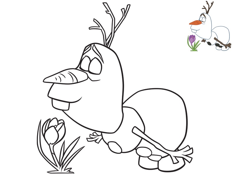 Coloriage Olaf admirant un bouquet de fleurs - La Reine des neiges à imprimer