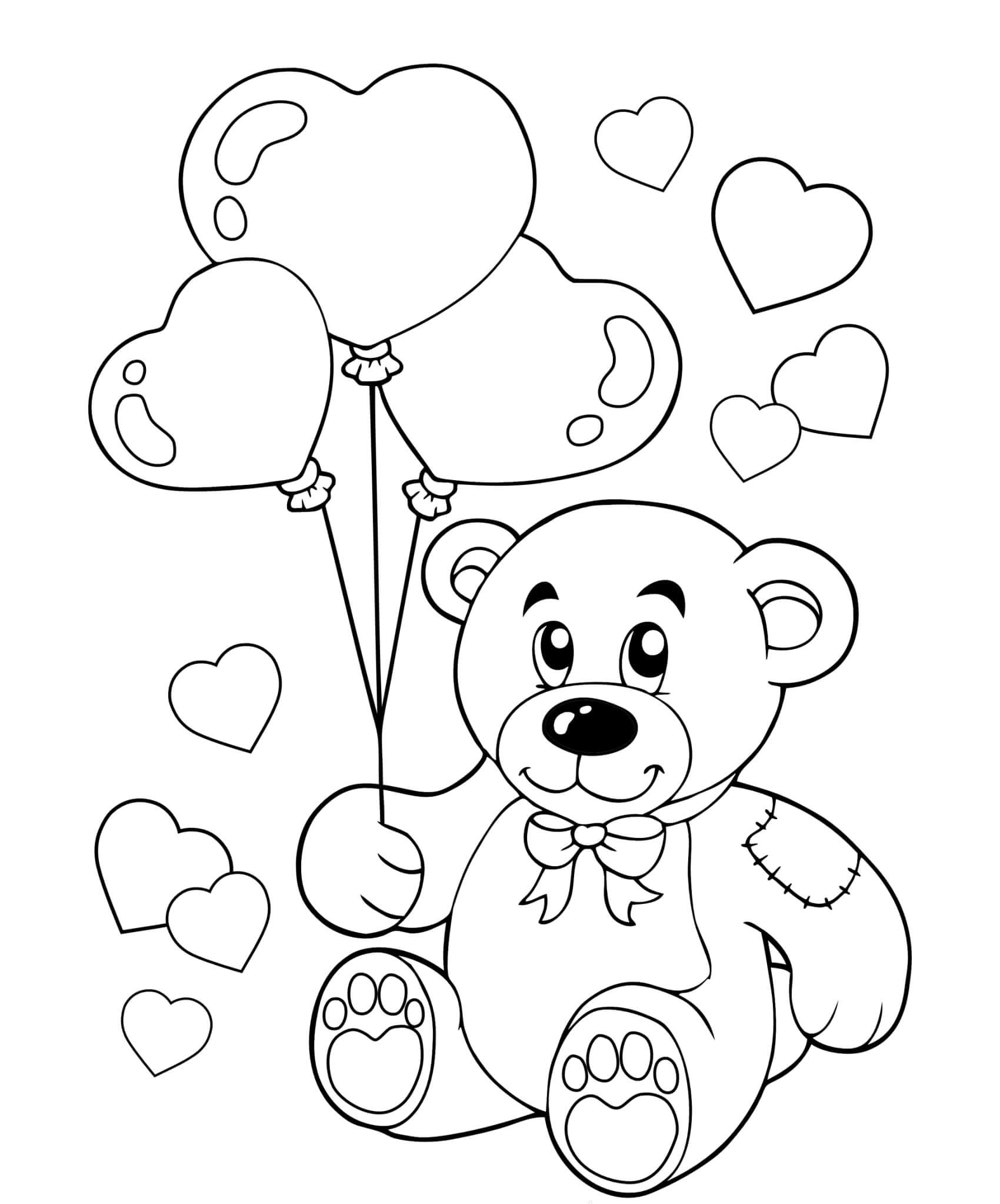 Coloriage Ours En Peluche Avec Des Ballons En Forme De Cœurs - Saint-Valentin à imprimer