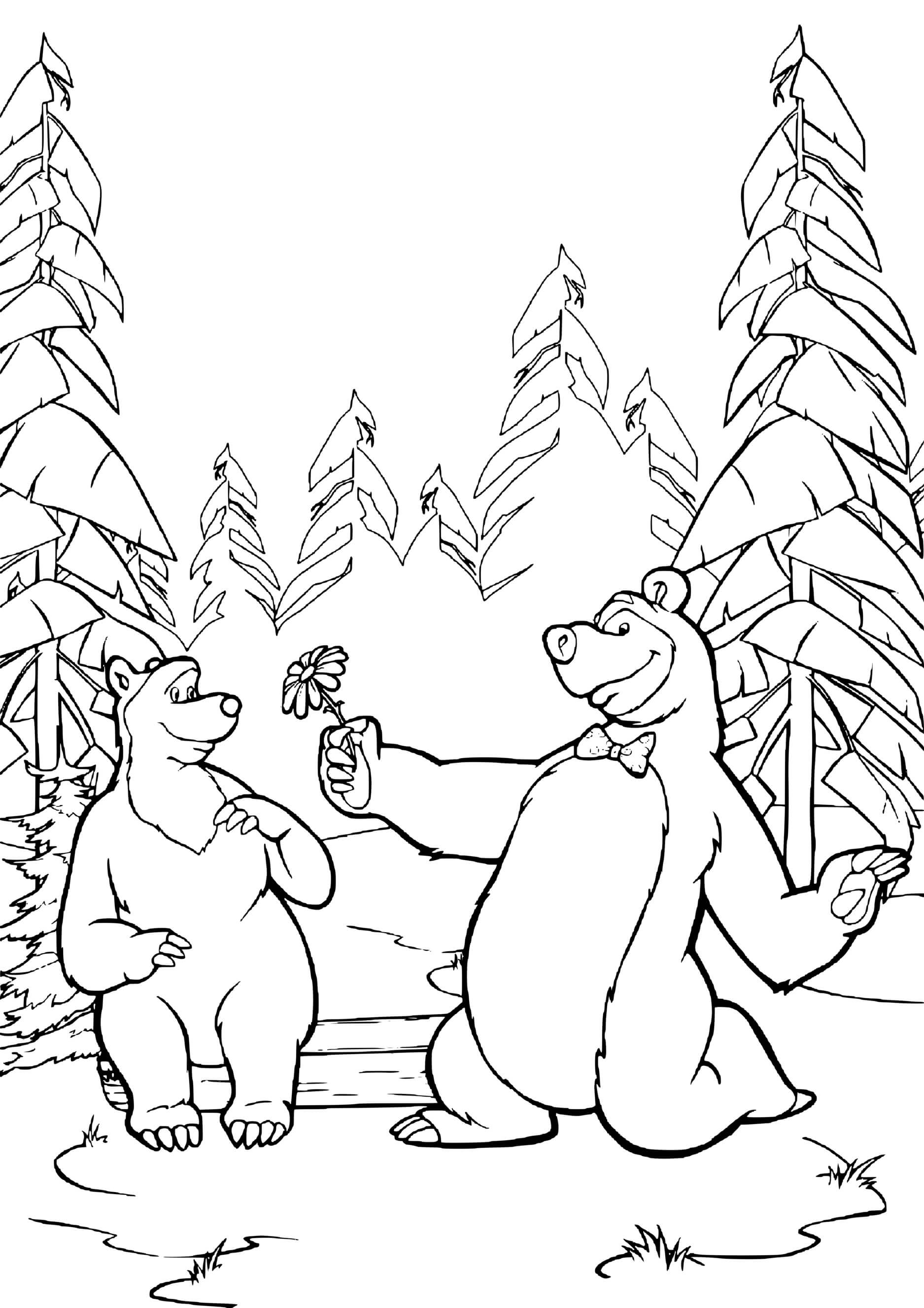 Coloriage Ours Masha Donne Une Fleur A Sa Douce - Masha et michka à imprimer