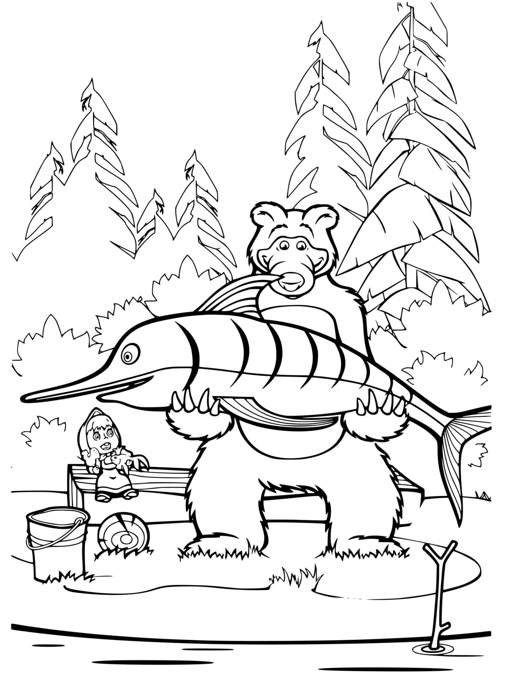 Coloriage Ours Michka Attrape Un Grand Poisson - Masha et michka à imprimer