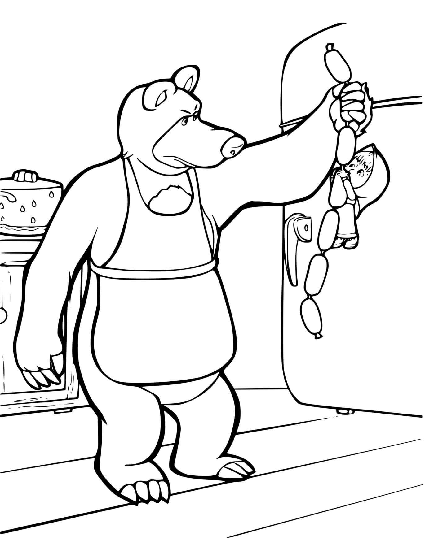 Coloriage Ours Michka Cuisine Des Saucisses - Masha et michka à imprimer