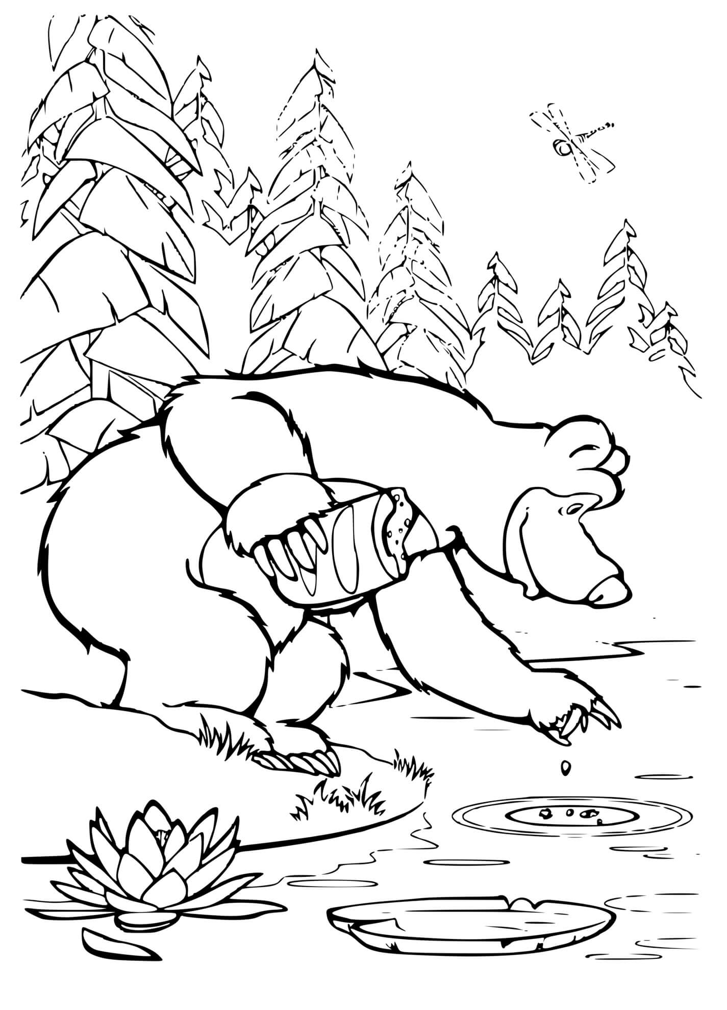 Coloriage Ours Michka Donne De La Nourriture Aux Poissons - Masha et michka à imprimer
