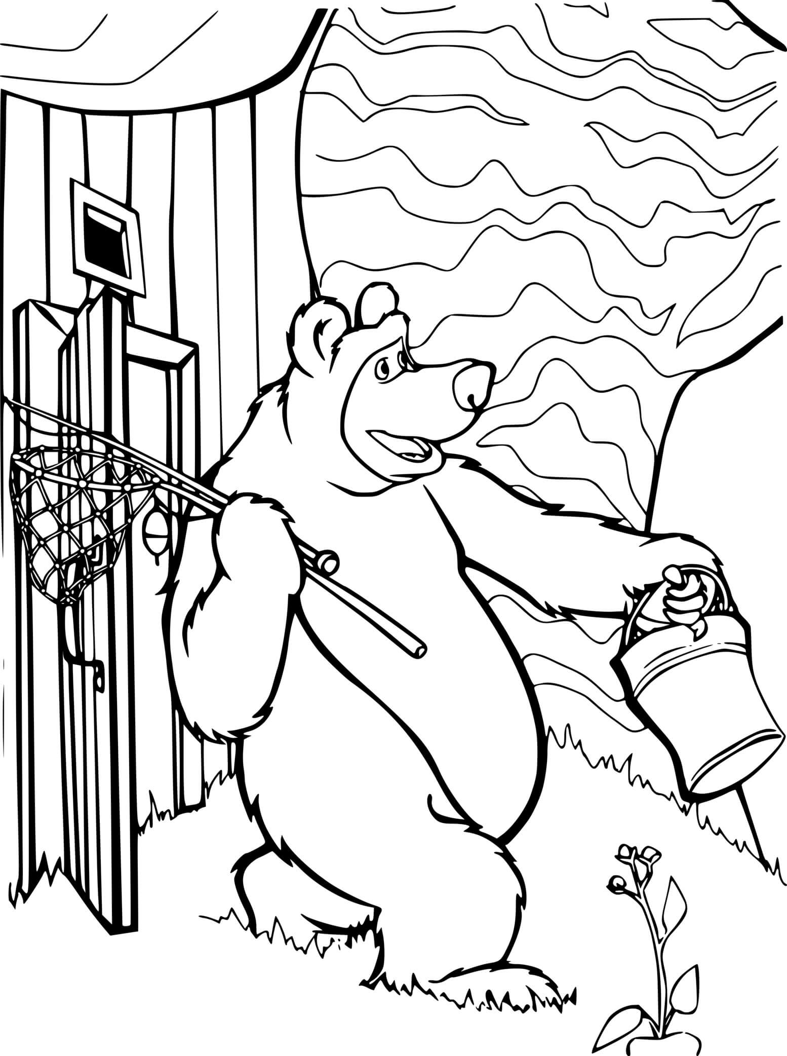 Coloriage Ours Michka En Direction De La Pêche - Masha et michka à imprimer