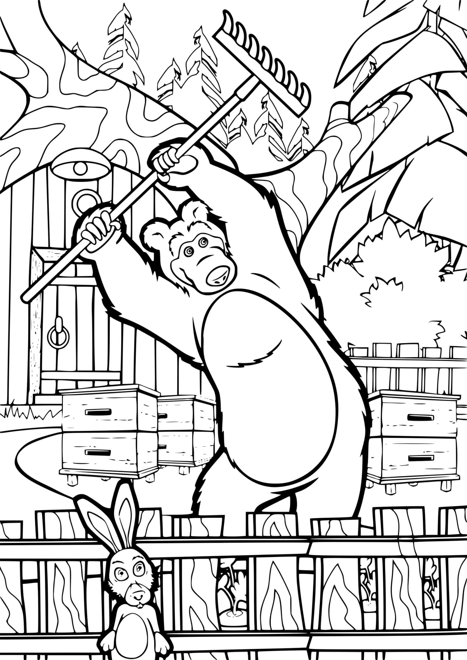 Coloriage Ours Michka Et Le Lievre Dans Le Jardin - Masha et michka à imprimer