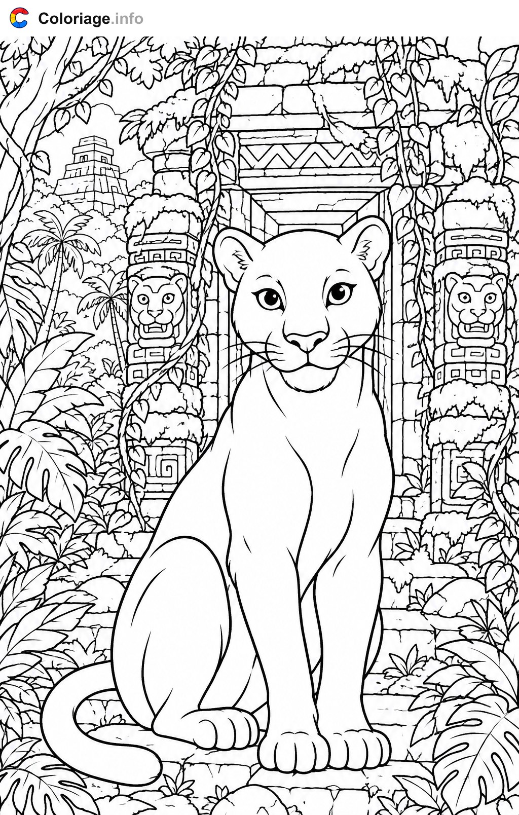 Panther im alten Dschungeltempel Ausmalbilder — Ausmalbild zum Ausdrucken