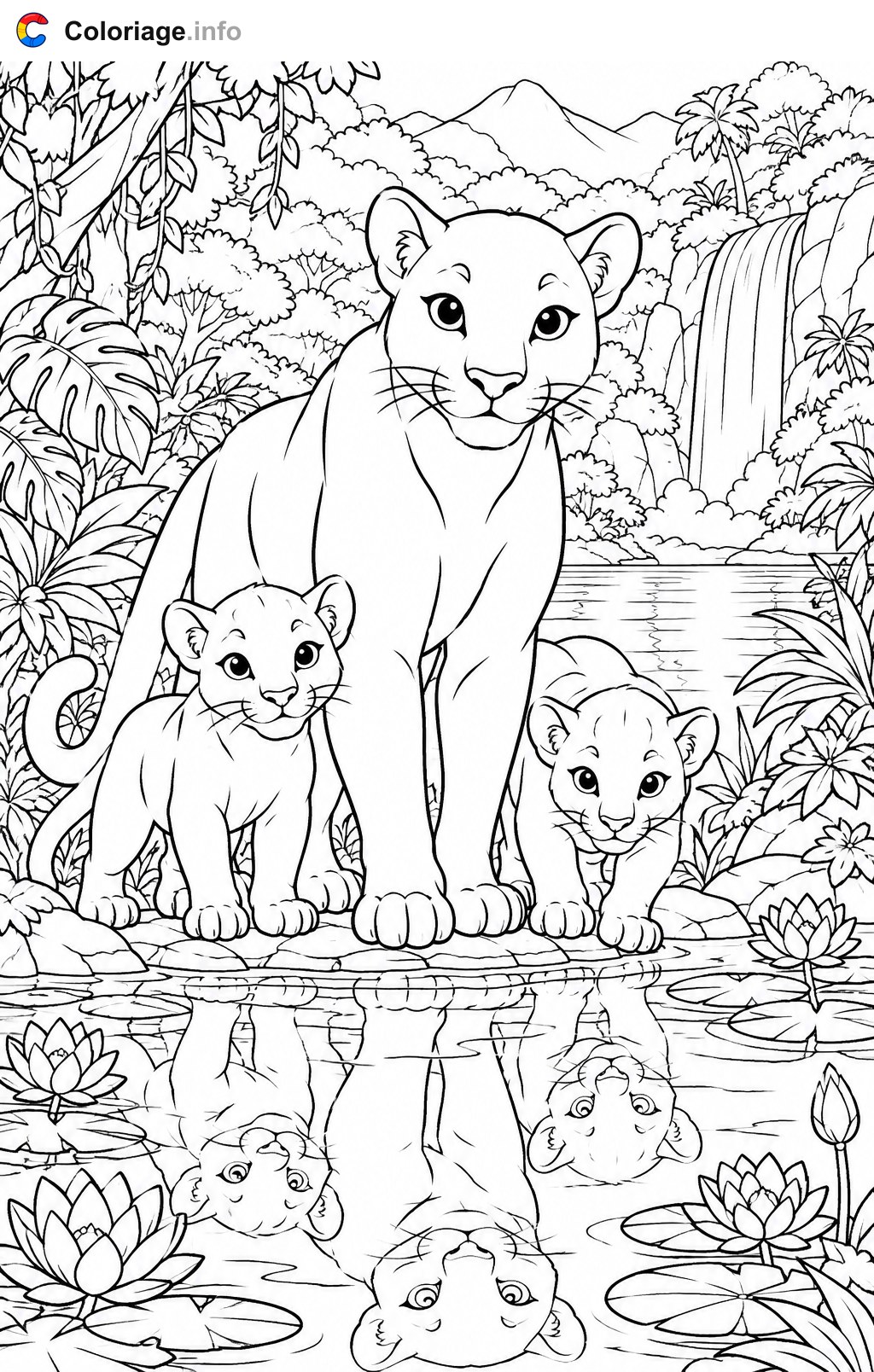 Pantherfamilie am Seeufer - Ausmalbilder — Ausmalbild zum Ausdrucken
