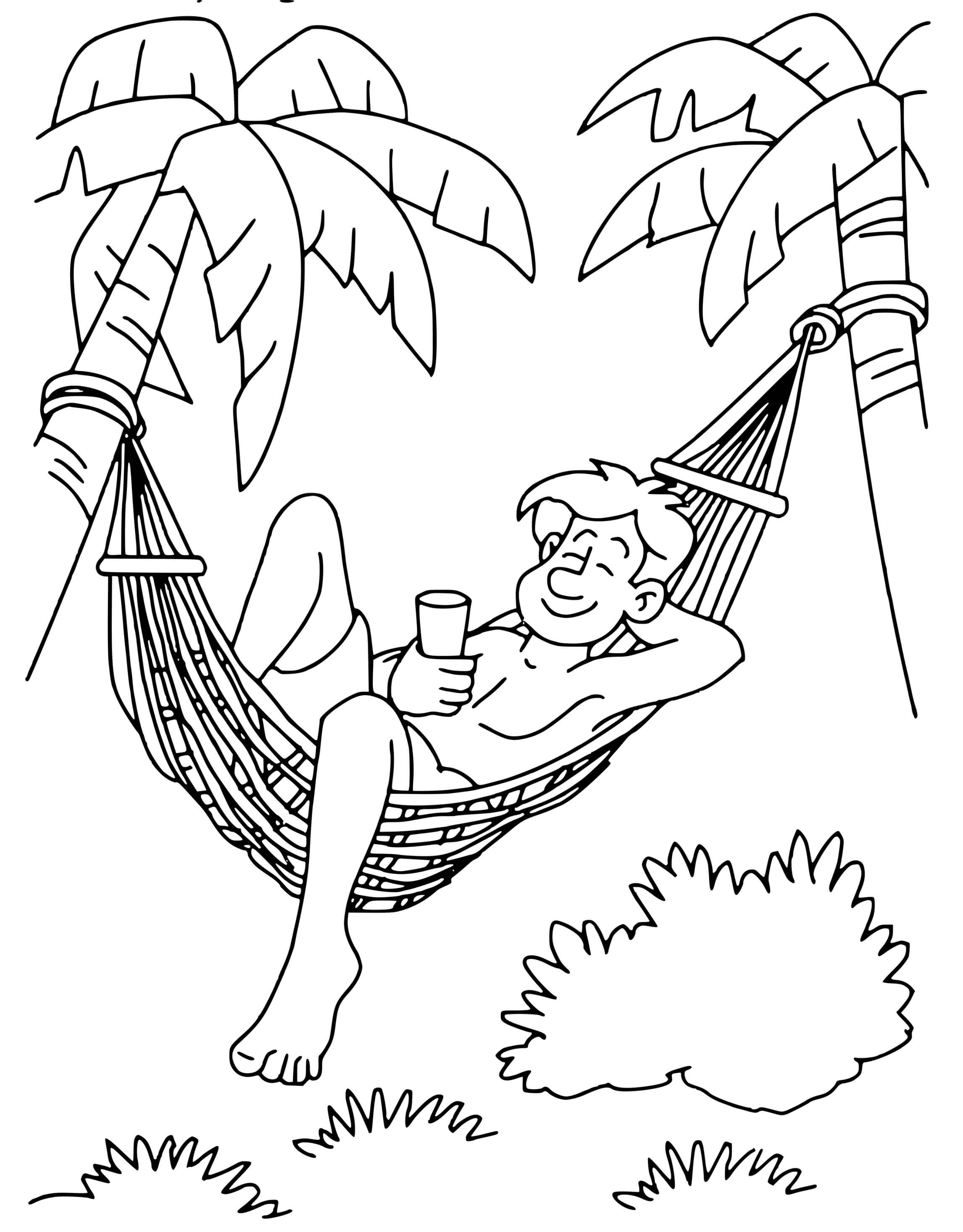 Coloriage Papa Se Repose Sur Un Hamac Et Palmiers - Plage à imprimer