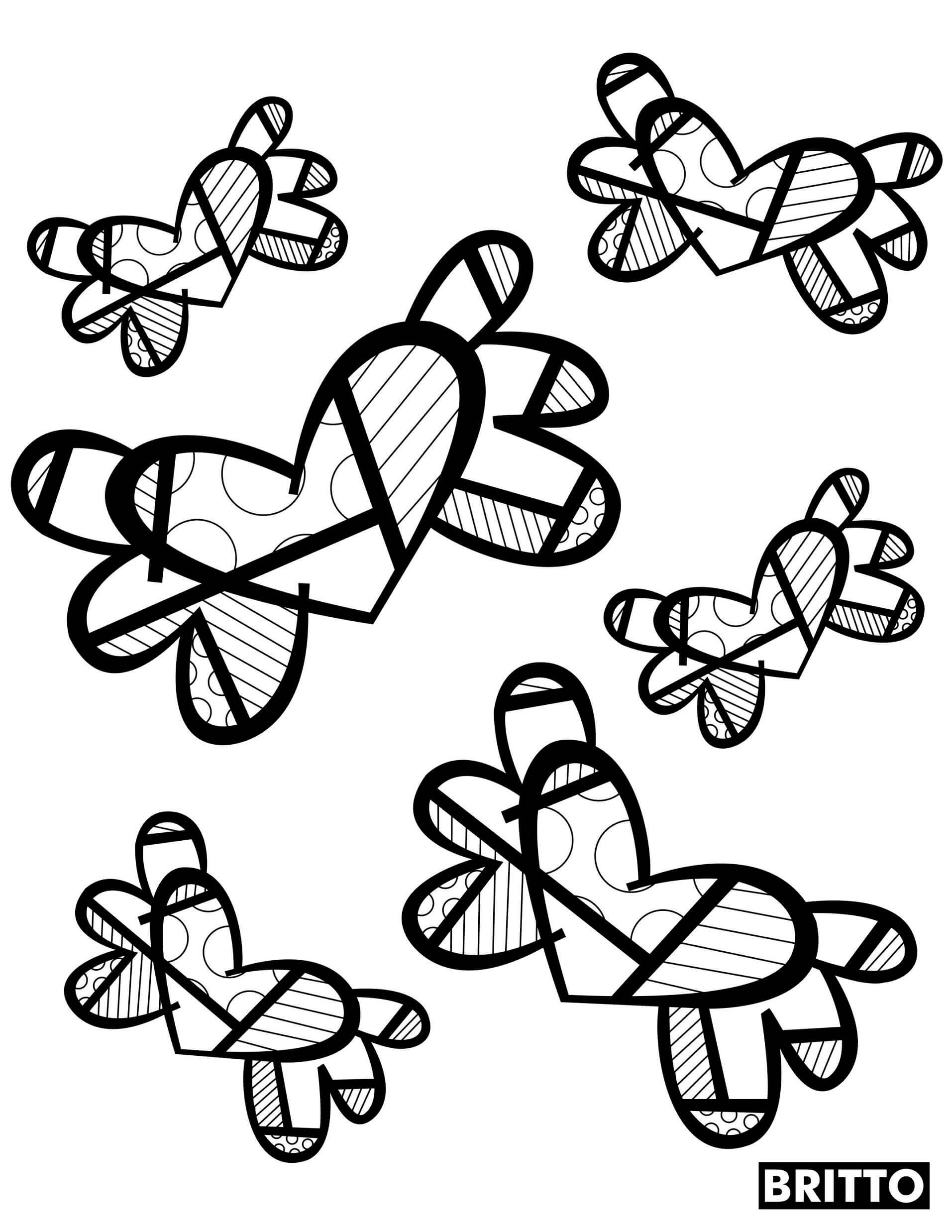 Coloriage Papillons En Forme De Cœur Par Britto - Romero britto à imprimer