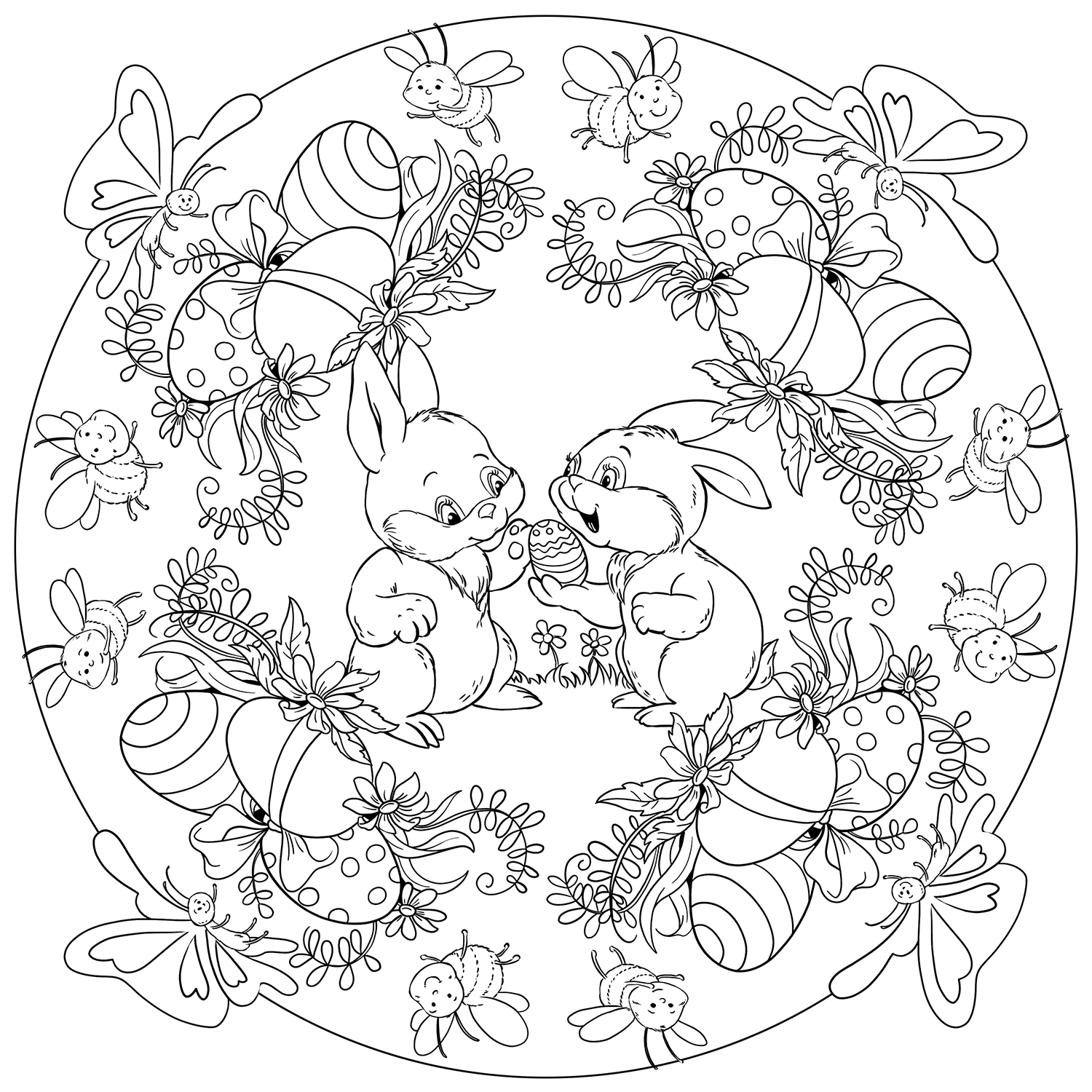 Coloriage Pâques Mandala Avec Deux Lapins Œufs De Pâques Et Abeilles Par Lesya Adamchuk - Pâques mandala à imprimer