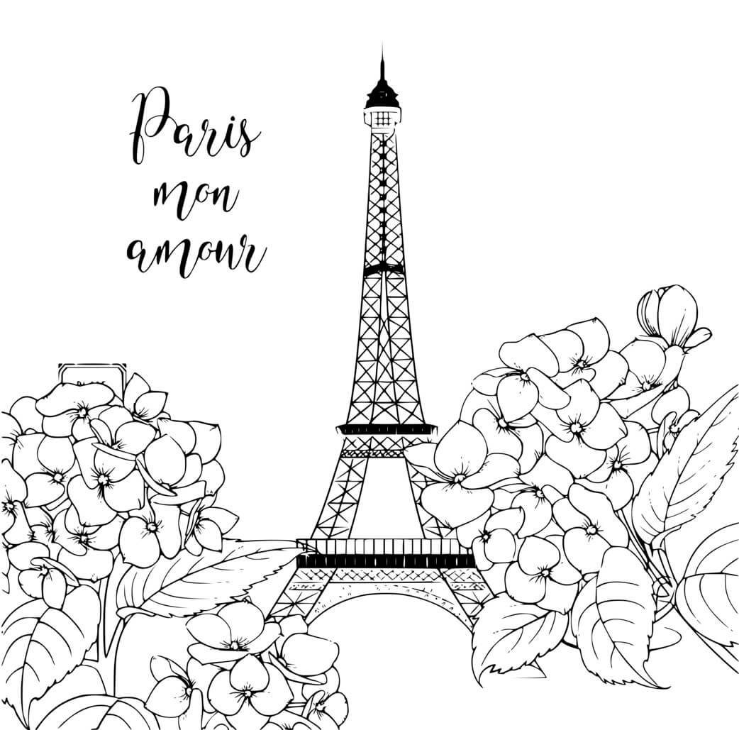 Coloriage Paris Mon Amour Fleurs Et Tour Eiffel - Tour Eiffel à imprimer