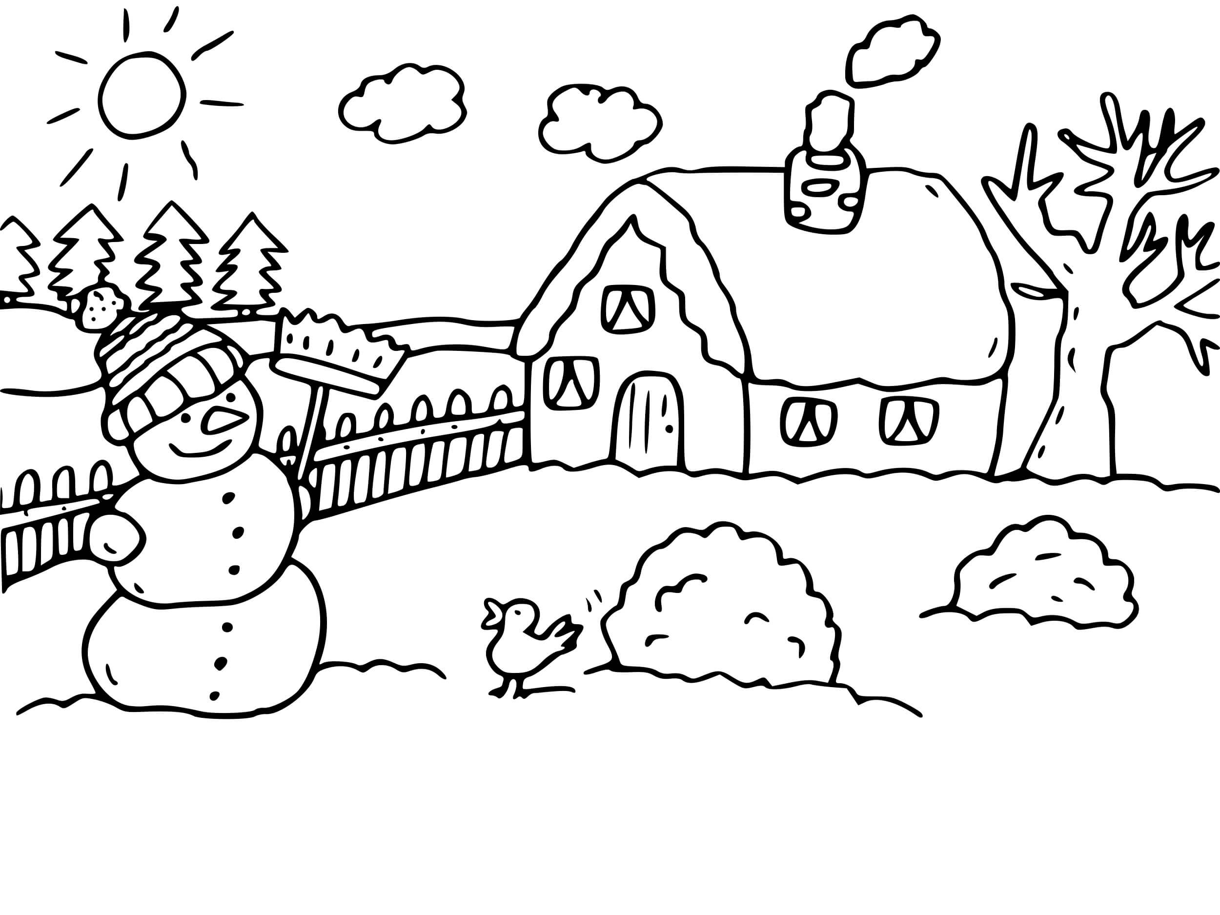Coloriage Paysage Froid Maison Hiver - Hiver à imprimer