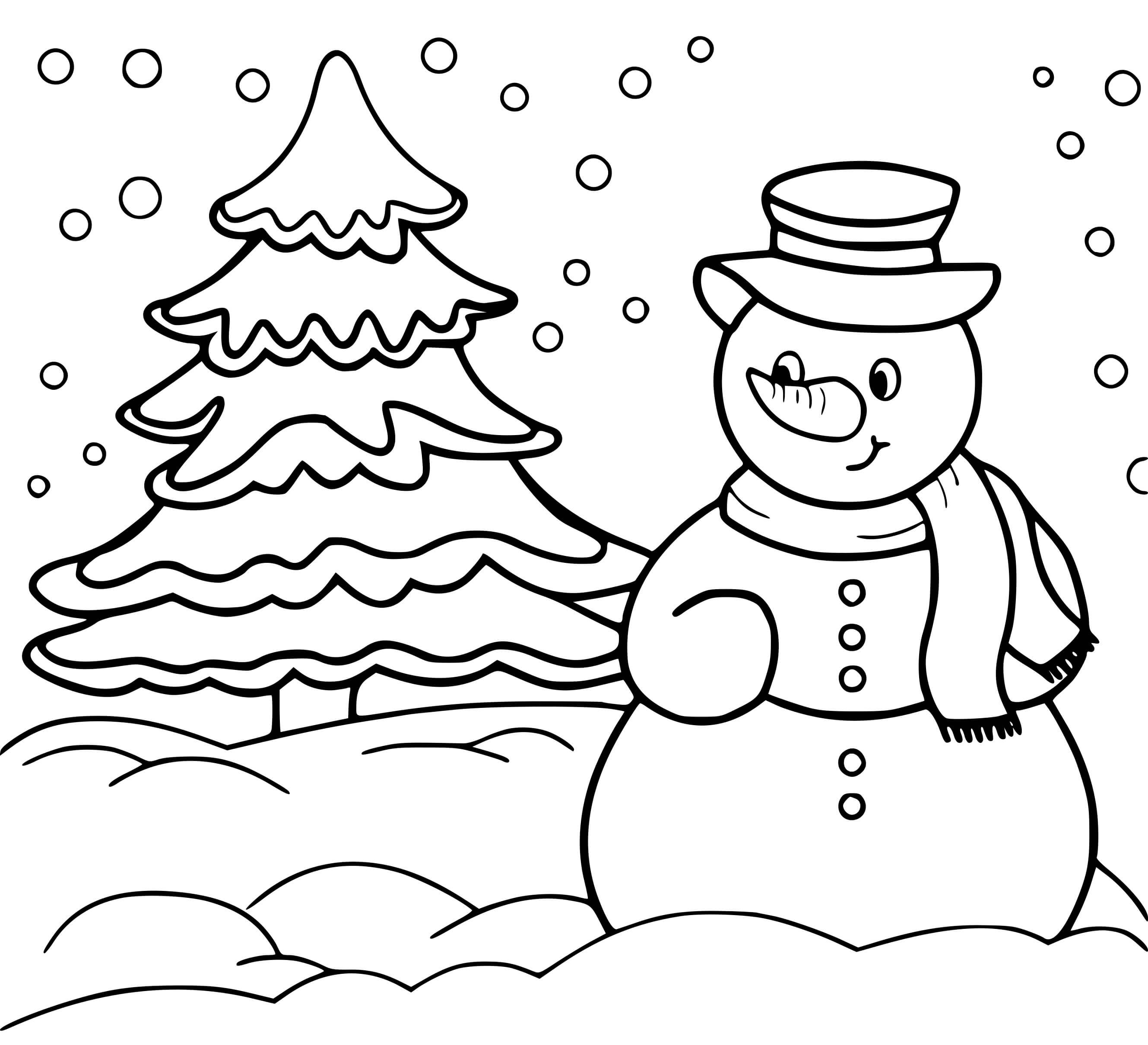 Coloriage Paysage Hiver Sapin Et Bonhomme De Neige - Hiver à imprimer