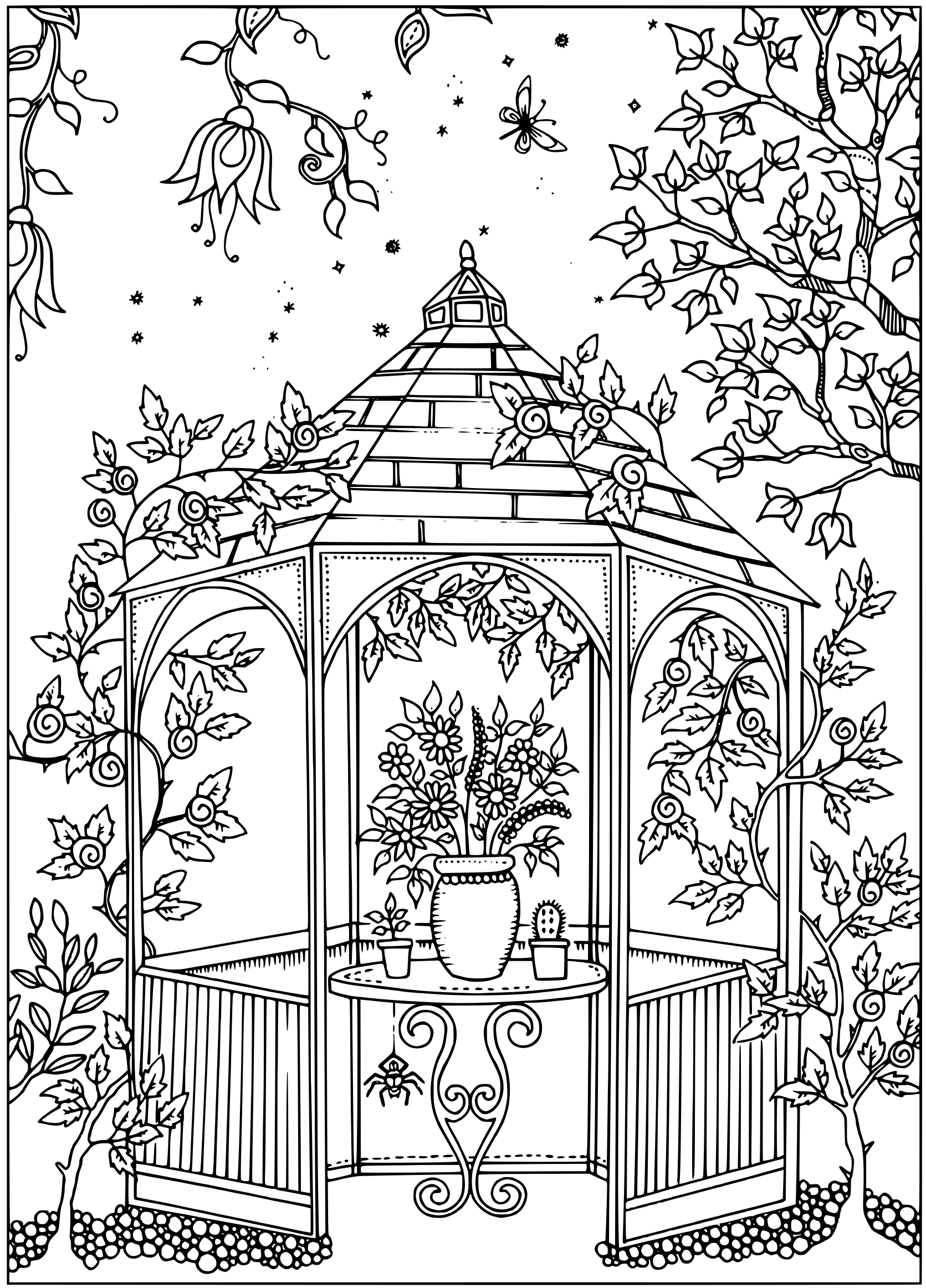 Coloriage Paysage Pot De Fleurs - Adulte à imprimer