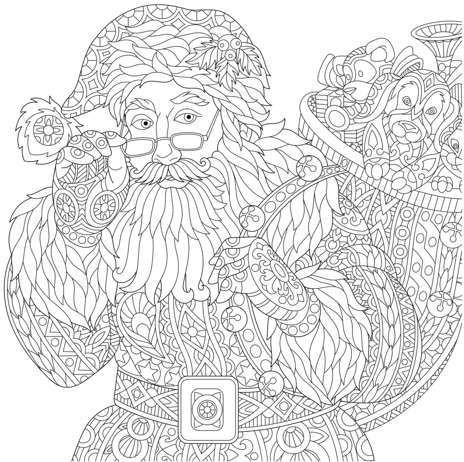 Coloriage Père Noël Avec Son Sac A Cadeaux Mandala Anti Stress Difficile - Noël adulte à imprimer