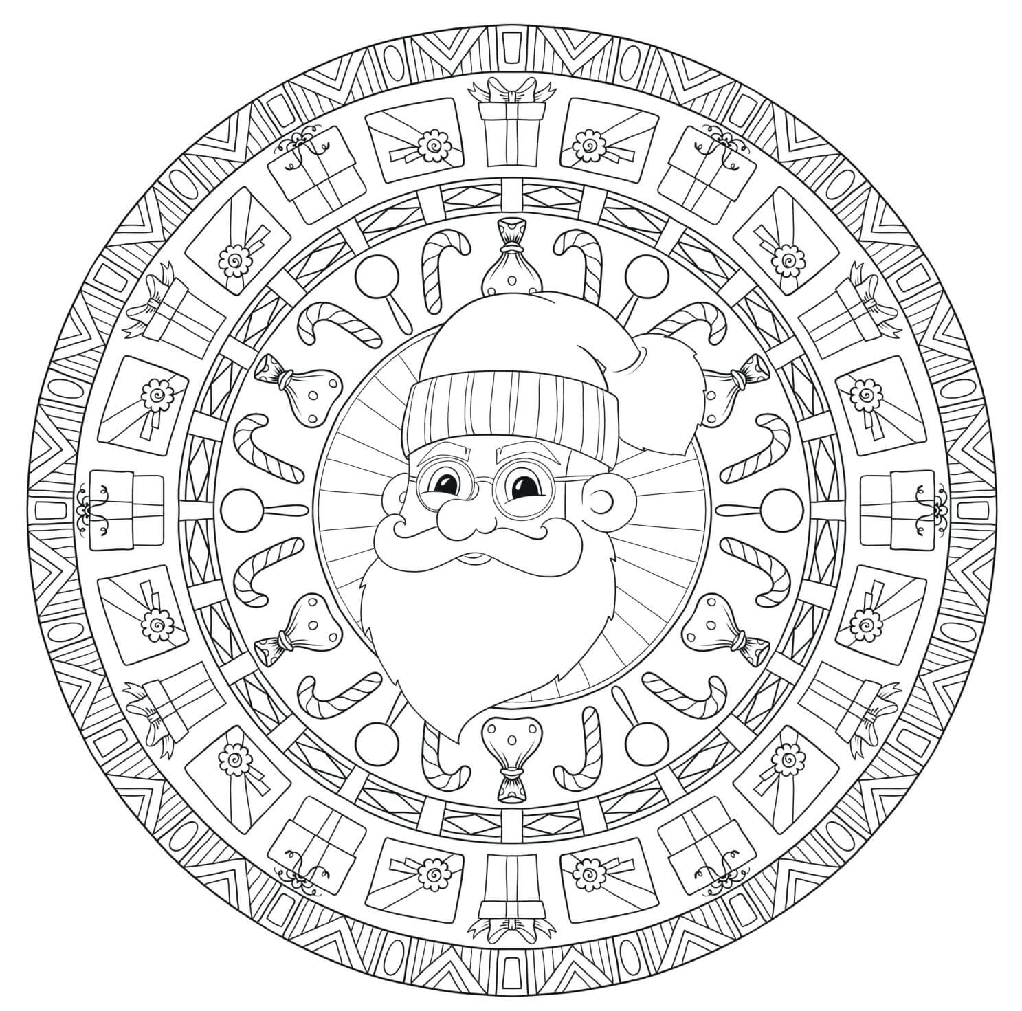 Coloriage Père Noël En Mandala Cercle Anti Stress - Noël adulte à imprimer