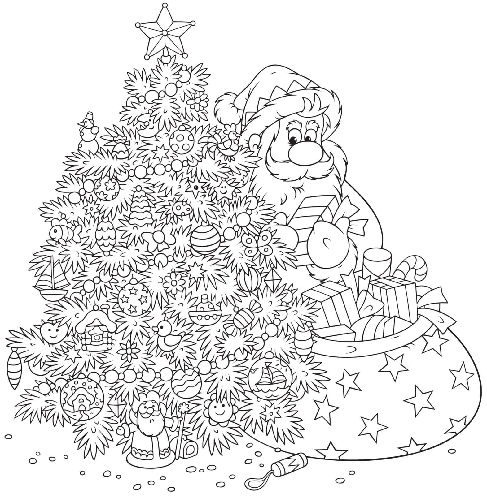Coloriage Père Noël Et Sapin Avec Un Grand Sac De Cadeaux Mandala - Noël adulte à imprimer