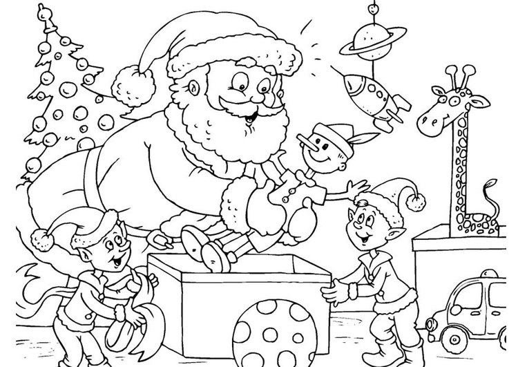 Coloriage Père Noël Et Ses Lutins Avec Des Cadeaux - Noël à imprimer
