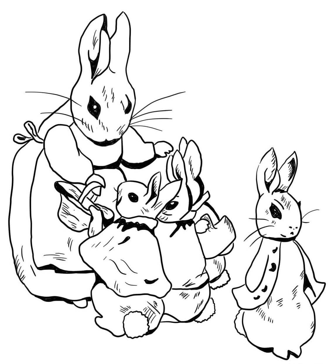 Coloriage Pierre Lapin et sa famille se préparent pour une balade - Pierre lapin à imprimer