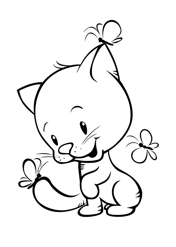 Coloriage Petit Chaton Avec Des Papilons - Chat à imprimer