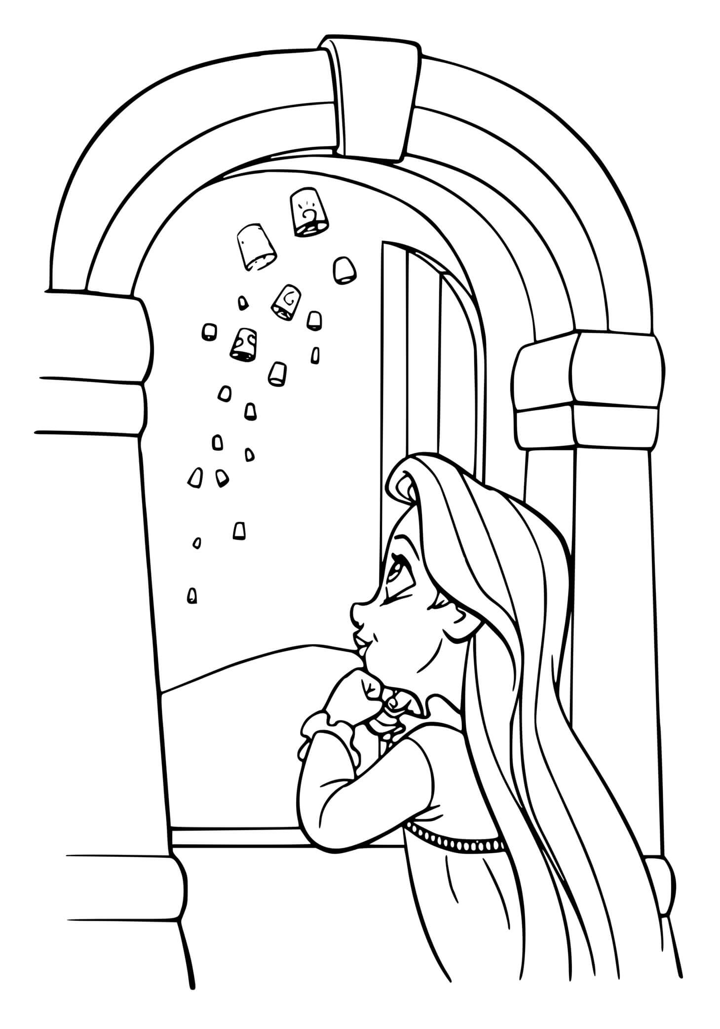 Coloriage Petit Fille Fait Un Rêve Et Regarde Par La Fenêtre Les Lumières - Raiponce à imprimer