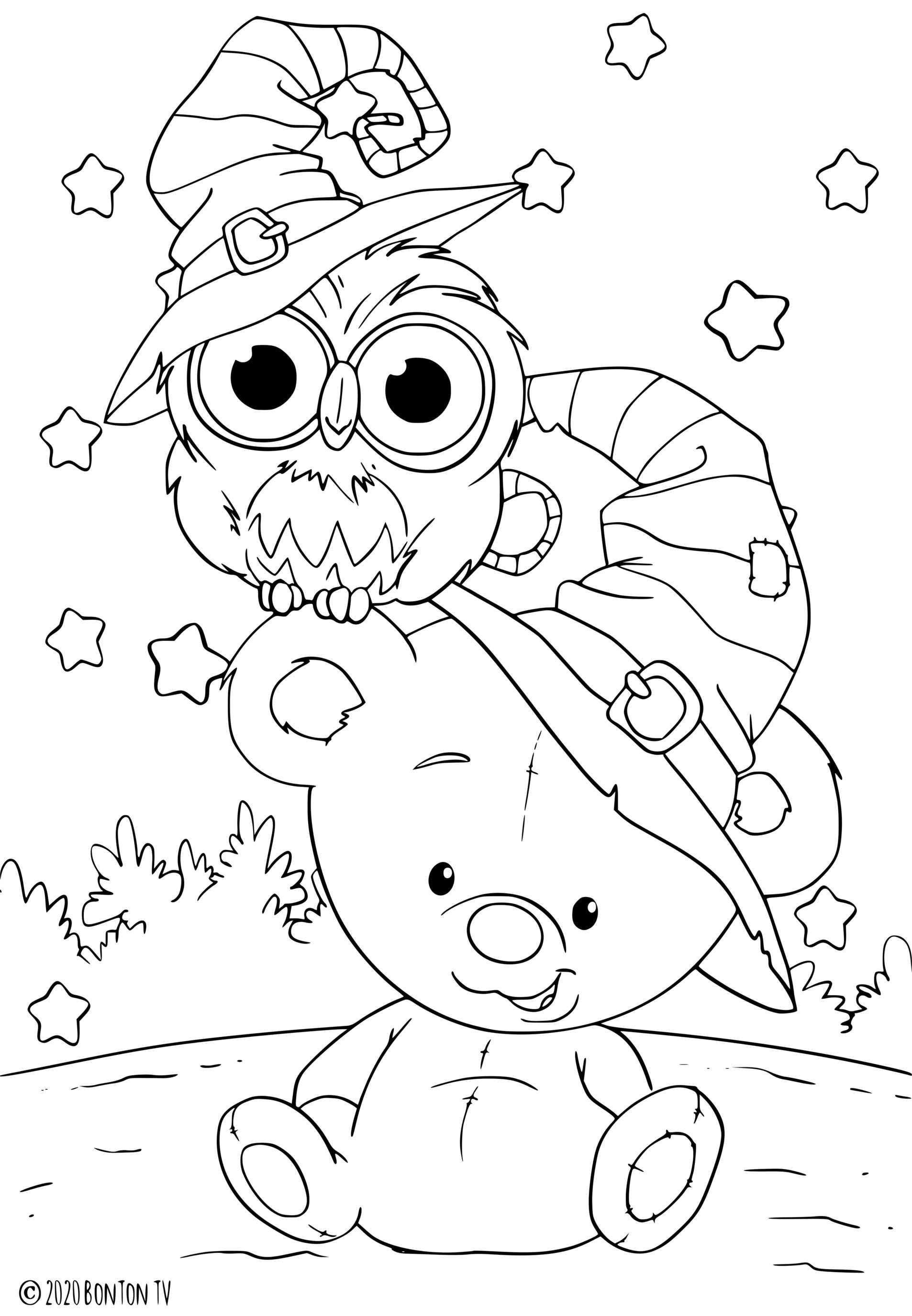 Coloriage Petit Nounours Pour Halloween Avec Un Hibou - Halloween à imprimer