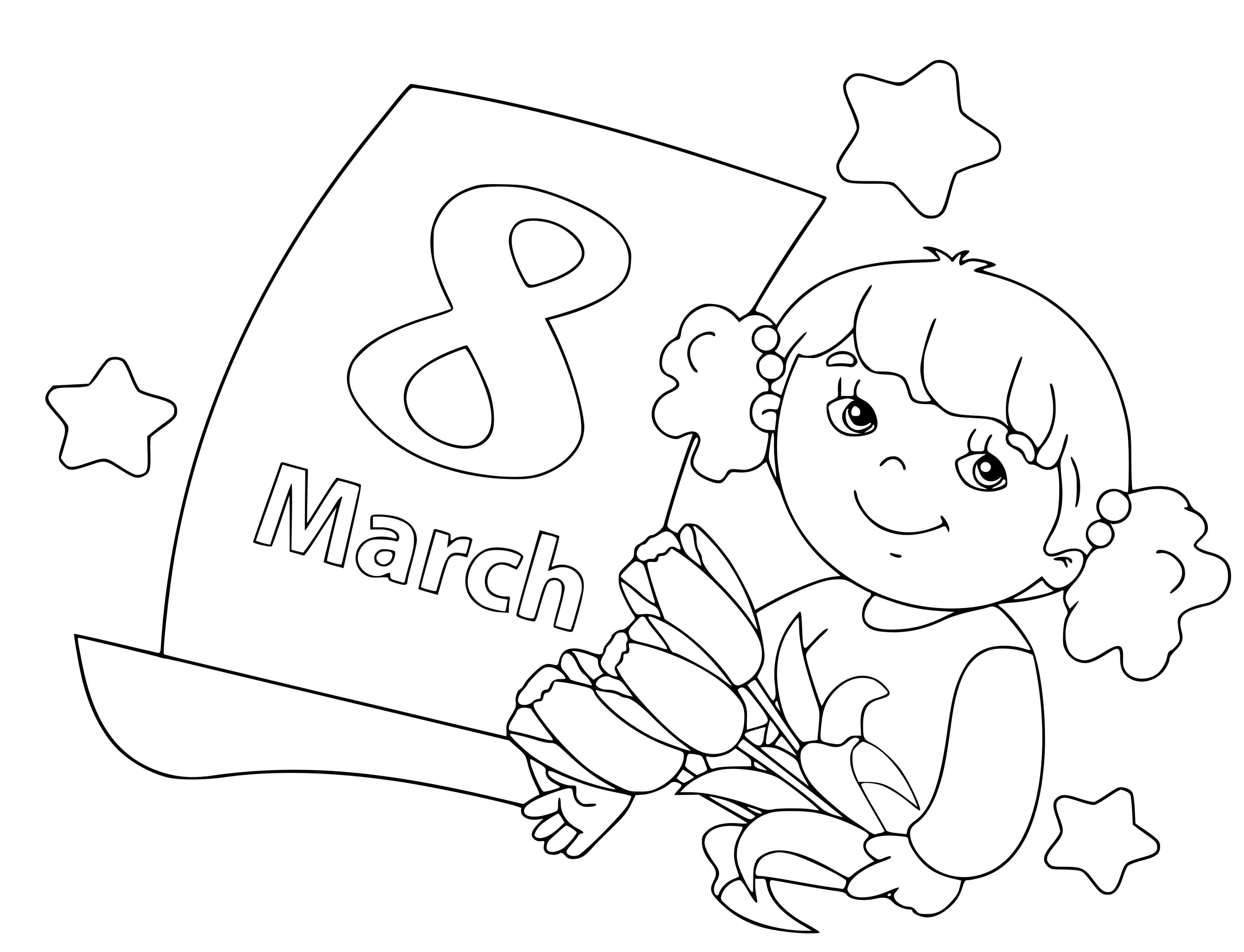 Coloriage Petite Fille Avec Des Fleurs Pour La Journée De La Femme 8 Mars - Journée de la femme 8 mars à imprimer